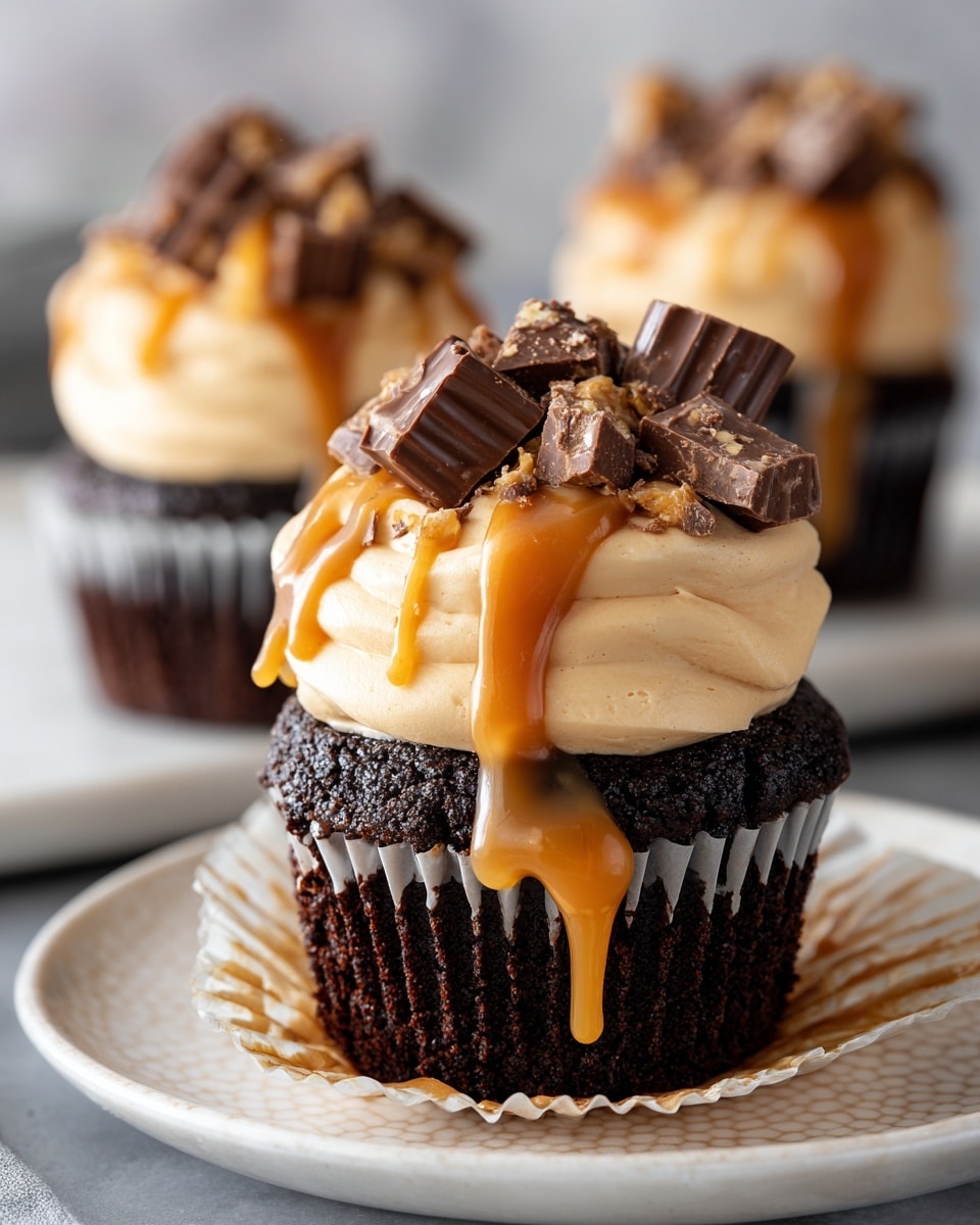 The image shows a dark chocolate cupcake with three main layers. The bottom layer is a rich, moist, dark brown chocolate cupcake, with gooey caramel sauce oozing out from the center. On top is a thick, smooth layer of creamy tan frosting, shaped in a rounded dollop. The frosting is drizzled with caramel sauce that runs down its sides. The top layer consists of small chunks of chocolate covered nut candy scattered over the frosting. The cupcake sits on an opened white cupcake liner, placed on a white marbled plate with a textured rim. In the background, two more cupcakes with the same layered look are slightly blurred. Photo taken with an iphone --ar 4:5 --v 7