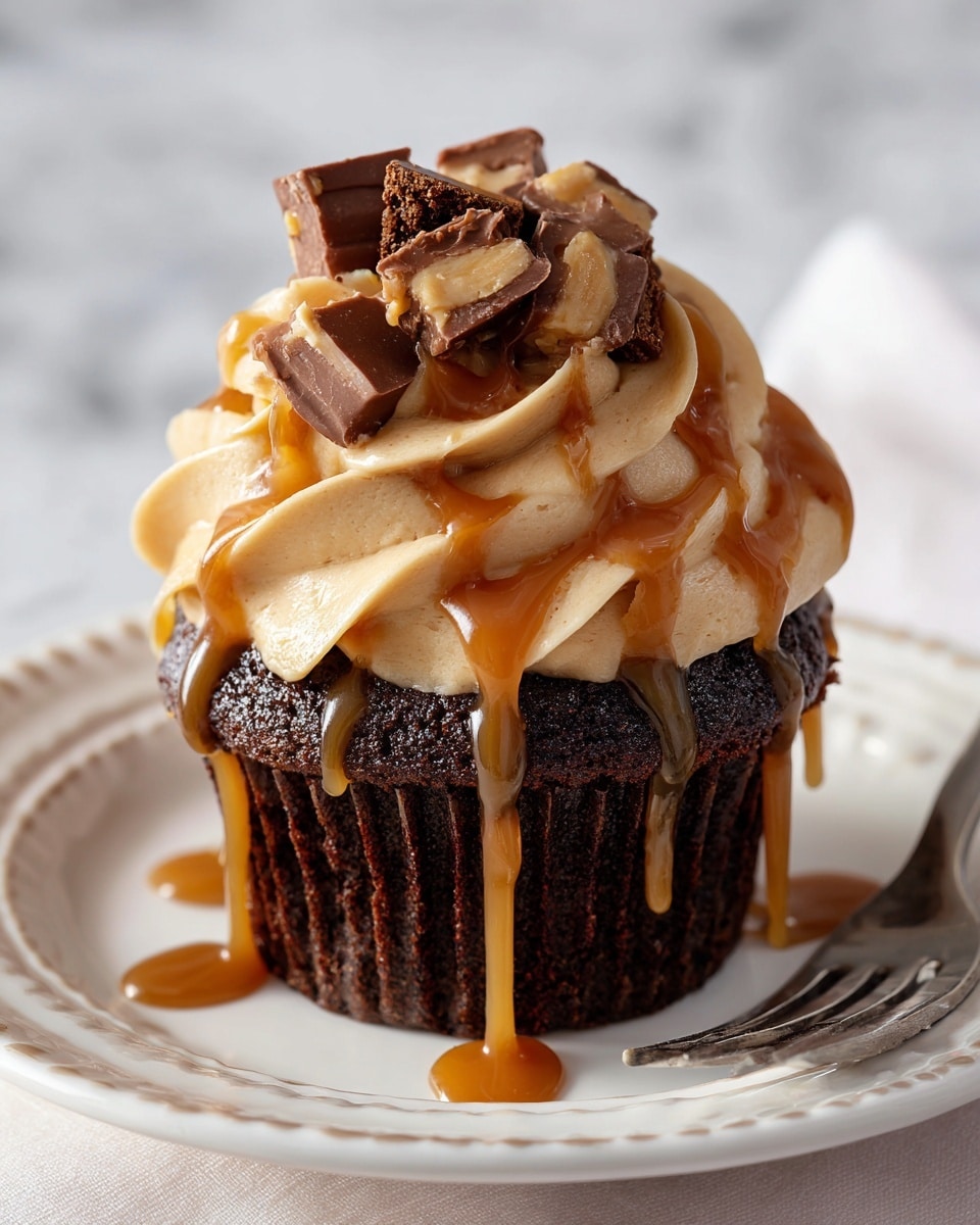 A single chocolate cupcake with a dark, moist texture sits on a white plate with a speckled brown edge, placed on a white marbled surface. The cupcake has a thick swirl of light brown frosting on top, smooth and creamy in appearance. Caramel sauce is drizzled over the frosting, dripping slightly down the sides. On top, there are small chunks of chocolate and peanut candy pieces that add texture and color contrast. In the blurred background, other similar cupcakes are visible. photo taken with an iphone --ar 4:5 --v 7