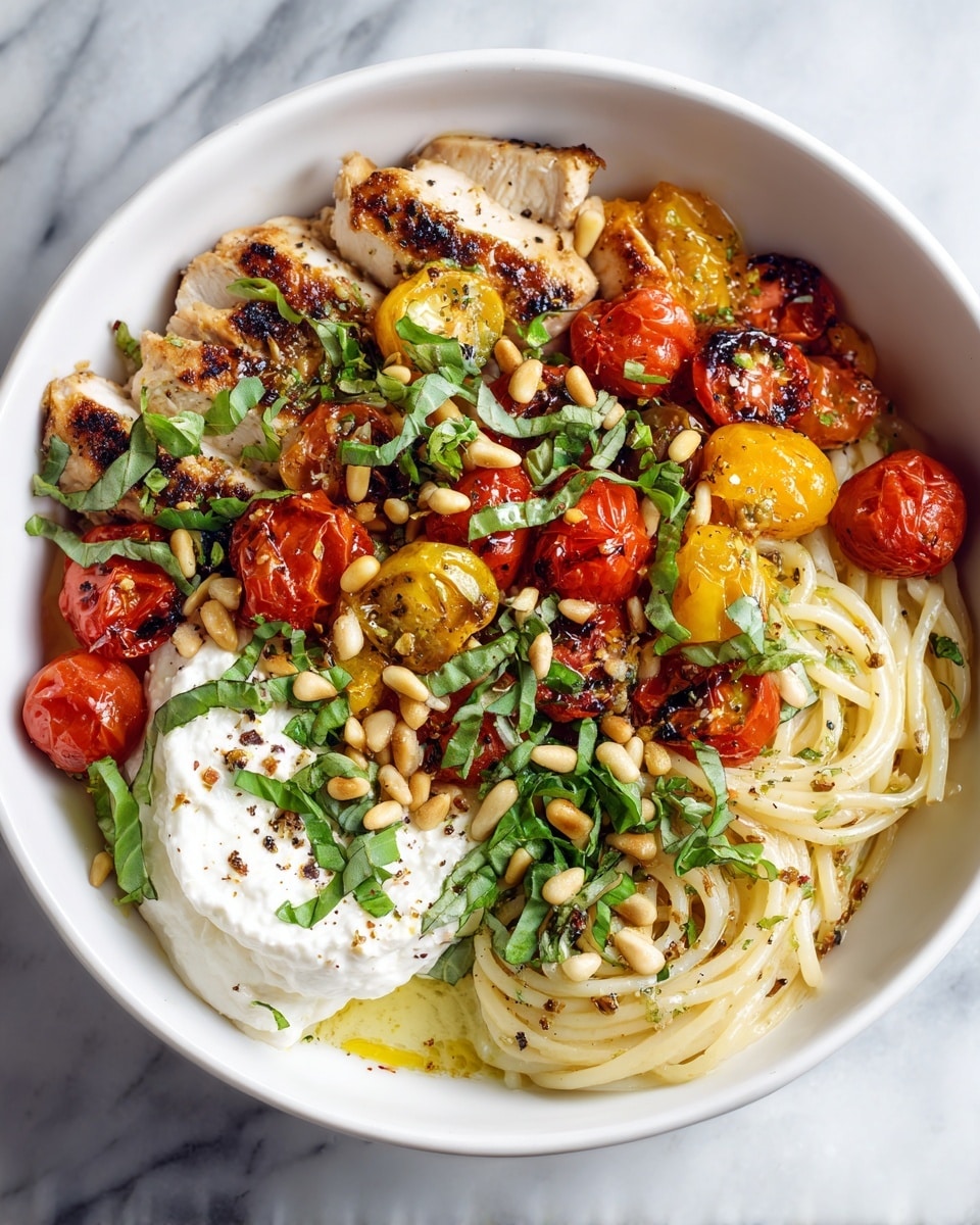 A white bowl filled with round spirals of light yellow spaghetti mixed with small pieces of cooked chicken showing a brown grilled color. Scattered throughout are halved red and yellow cherry tomatoes, some slightly wrinkled, and small toasted pine nuts adding light golden brown spots. A large white dollop of soft cheese is placed on one side, topped with green chopped herbs and more pine nuts. The spaghetti strands are intertwined closely, with visible bits of green herbs mixed in, all arranged on a white marbled surface. Photo taken with an iphone --ar 4:5 --v 7