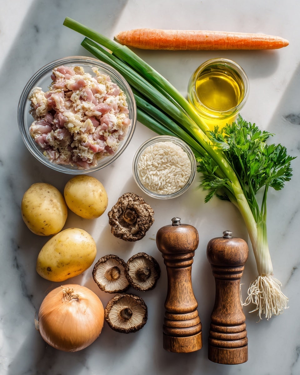 The image shows various cooking ingredients neatly placed on a white marbled surface. There is a clear glass bowl on the left filled with small pieces of raw meat that have a pinkish color and slightly uneven texture. Next to it is a small glass bowl containing white rice grains. Above the rice, there are a few dark brown dried mushrooms with a rough, wrinkled texture and an uneven shape. To the right of this, there are two light yellow potatoes with a smooth skin and one pale yellow onion with thin, papery layers. Along the top edge, a long, bright orange carrot with a smooth skin and fresh green onions with crisp, long green stalks and white bulb ends are arranged horizontally. Near the green onions, fresh green parsley is placed with a leafy and curly texture. On the far right, two wooden pepper grinders stand side by side with a smooth polished surface and a dark brown finish, behind them is a clear glass bottle filled with light yellow oil, topped with a dark bottle cap. The whole setup is well-lit, with soft natural light highlighting the colors and textures of each ingredient. Photo taken with an iphone --ar 4:5 --v 7