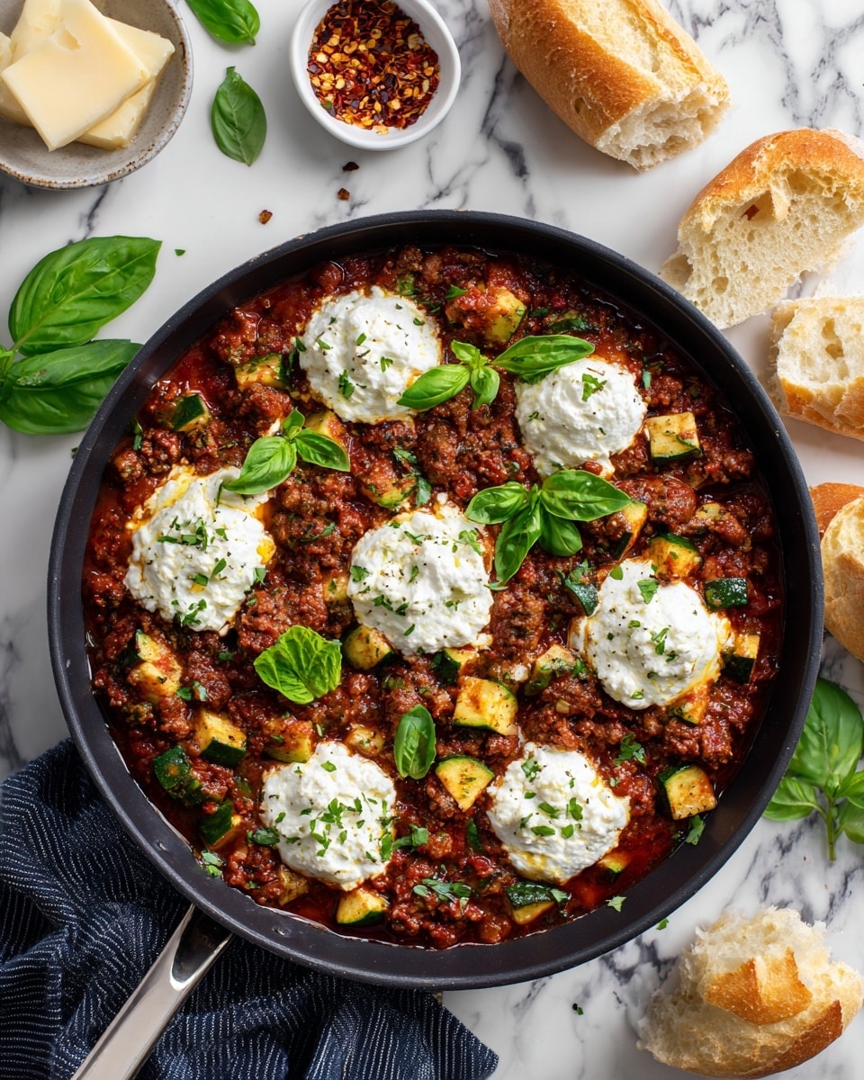 A dark pan filled with a cooked tomato sauce base mixed with brown ground meat and green zucchini pieces. On top of the sauce are white dollops of soft cheese mixed with green herbs, creating a creamy and textured layer. Bright green basil leaves are scattered over the dish for color and freshness. Around the pan, there are torn pieces of light beige crusty bread and a small white dish with red chili flakes. The scene is set on a white marbled surface with a neatly folded dark blue striped cloth near the pan handle. Photo taken with an iphone --ar 4:5 --v 7