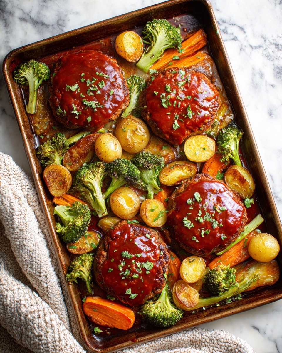 A baking tray filled with four cooked meat patties, each topped with a shiny, thick reddish-brown sauce and sprinkled lightly with green herbs; around the patties are golden-brown roasted baby potatoes halved, bright orange carrot slices, and roasted small broccoli florets with slightly charred edges; the tray sits on a white marbled surface, capturing the warm, hearty look of a home-cooked meal. photo taken with an iphone --ar 4:5 --v 7