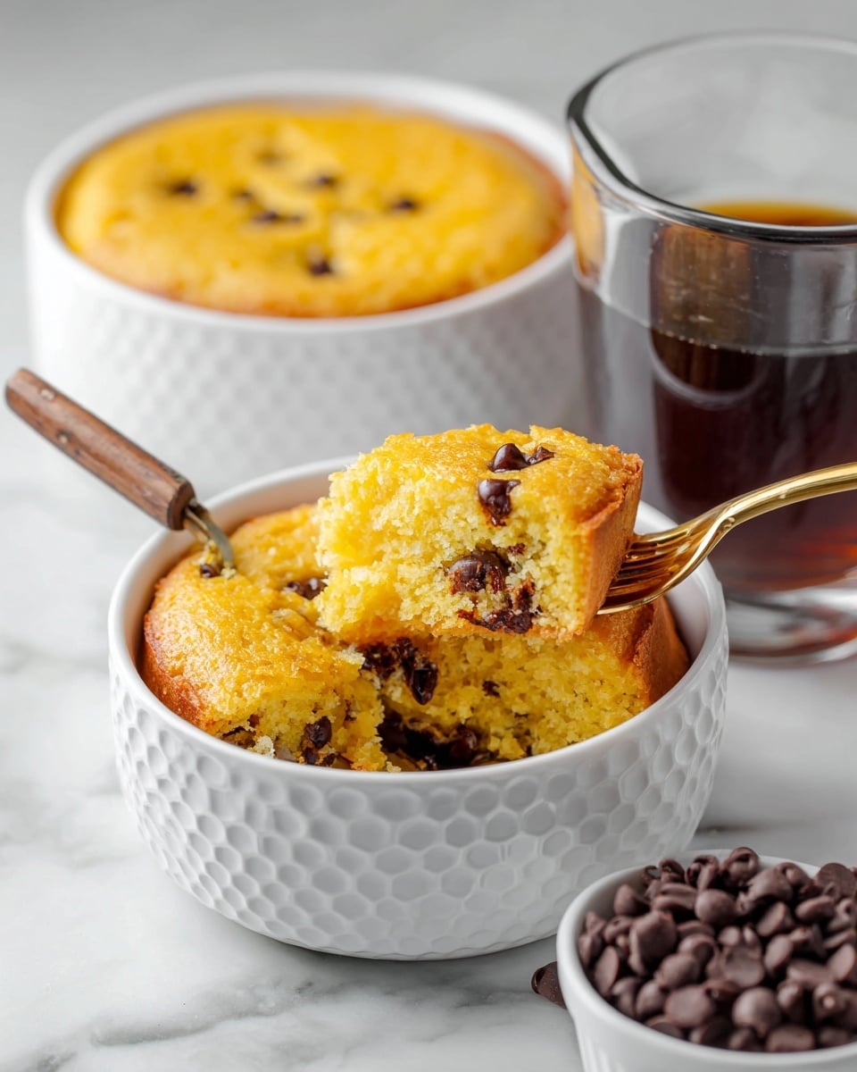 The image shows two bowls with a single thick layer of golden yellow cake topped with small, scattered dark brown chocolate chips. One bowl is in the center with a fork holding a small piece of the cake, slightly dipped into the cake layer, and the fork has a wooden handle. The bowls have a honeycomb texture on their white surface. Around the bowls are loose chocolate chips on a white marbled background, a small glass jar filled with dark syrup, and a white bowl filled with more dark chocolate chips. A blue and white striped cloth is partially visible at the bottom left corner. photo taken with an iphone --ar 4:5 --v 7