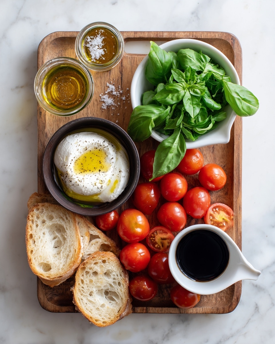 A wooden board sits on a white marbled surface, holding several fresh ingredients arranged neatly. In the top right corner, a white bowl is filled with bright green basil leaves. Below it, there is a pile of small and round red tomatoes, some whole and some cut in half showing juicy interiors. To the left of the tomatoes, a small dark bowl contains a dollop of soft white cheese drizzled with golden olive oil. Above the cheese, a glass jar holds golden olive oil topped with coarse white sea salt. Next to the jar, a smaller jar has a little more olive oil. At the bottom left corner, there are three slices of lightly toasted bread with a soft, airy texture and light brown crusts. In the top right corner of the wooden board, a small white cup holds a dark balsamic vinegar. photo taken with an iphone --ar 4:5 --v 7