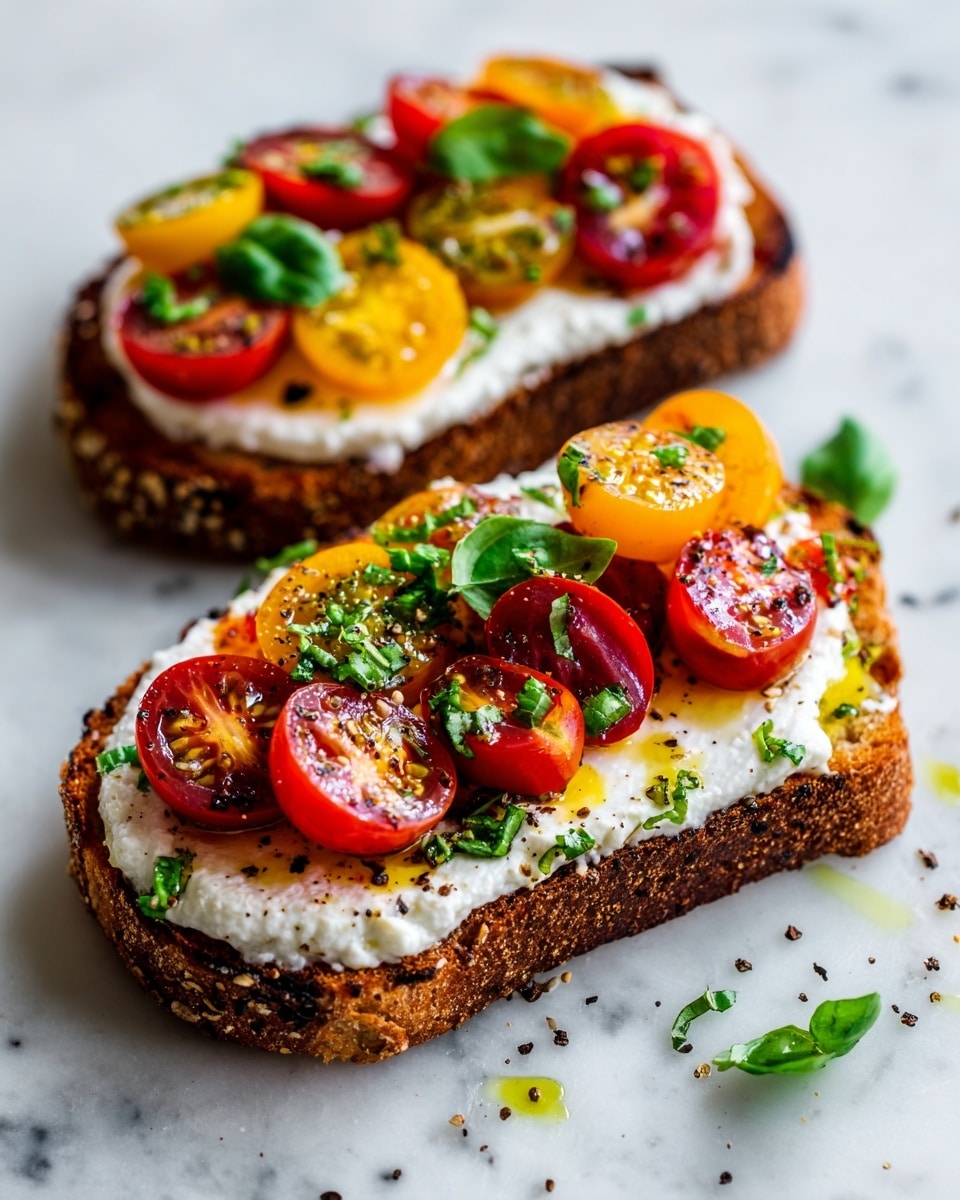 Two slices of toasted bread with golden-brown edges lie on a white marbled surface. Each slice is topped with a thick, creamy white layer of soft cheese. On top of the cheese, there are halved cherry tomatoes in red and yellow, glistening with a light drizzle of olive oil and sprinkled with bits of green herbs. Fresh green basil leaves are scattered on and around the tomatoes, adding a fresh look. The lighting highlights the shiny texture of the oil and the juicy surface of the tomatoes. photo taken with an iphone --ar 4:5 --v 7