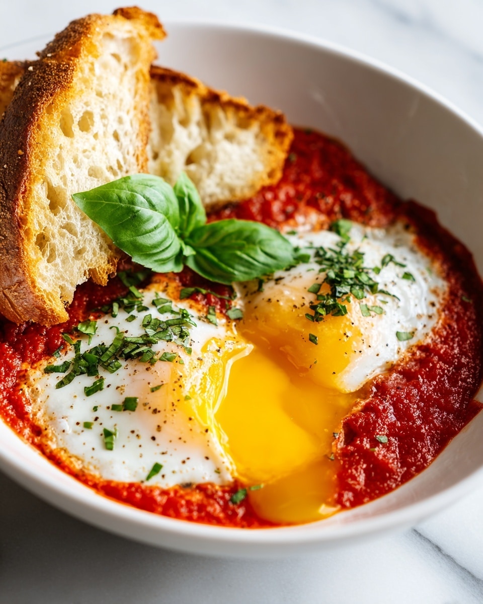 A white pan filled with six cooked eggs layered on top of a thick, bright red tomato sauce, each egg showing a shiny, bright yellow yolk surrounded by white cooked egg whites. The tomato sauce looks chunky and thick, with some melted white cheese sprinkled over and melted into the sauce. Tiny green chopped herbs are scattered on top of eggs and sauce, along with whole green basil leaves in the middle. Around the pan, there are small white bowls with green basil leaves, white shredded cheese, cracked eggshells, and a bowl of tomato sauce, all placed on a white marbled surface. Two gold forks are next to the pan, and the handle of the pan is visible at the bottom right corner. Photo taken with an iphone --ar 4:5 --v 7