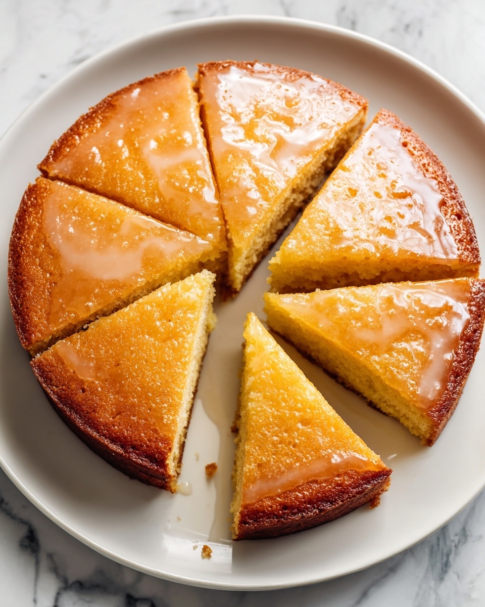 A round, single-layer cake sliced into eight pieces on a white plate set on a white marbled surface. The cake has a light brown, golden color with a smooth, shiny glaze covering the top, giving it a slightly glossy texture. One slice is slightly pulled out from the rest, showing the soft and moist inside, matching the outer color. The glaze appears thin and evenly spread with some raised spots, adding texture to the shiny surface. photo taken with an iphone --ar 4:5 --v 7