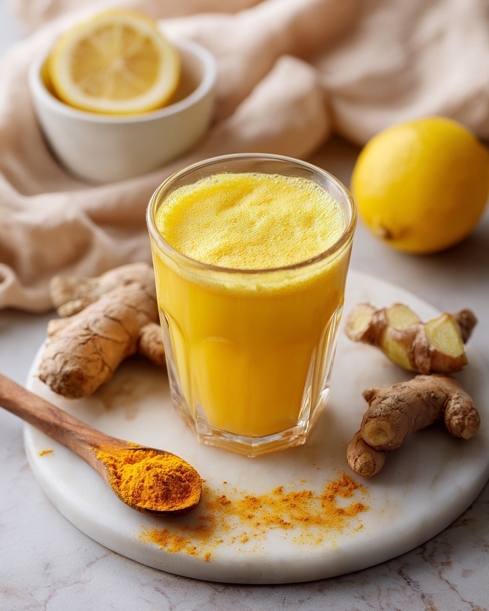 A clear glass filled with bright yellow-orange juice topped with a thin layer of foam sits on a round white marbled board, surrounded by fresh ginger roots with a light brown knobby texture. On the board, there is half a lemon with a pale yellow interior and a wooden spoon holding ground turmeric, which is bright golden yellow with some powder spilled next to it. In the background, there is a small white bowl holding a whole lemon with smooth yellow skin, all placed on a soft beige cloth over a white marbled surface. Photo taken with an iphone --ar 4:5 --v 7
