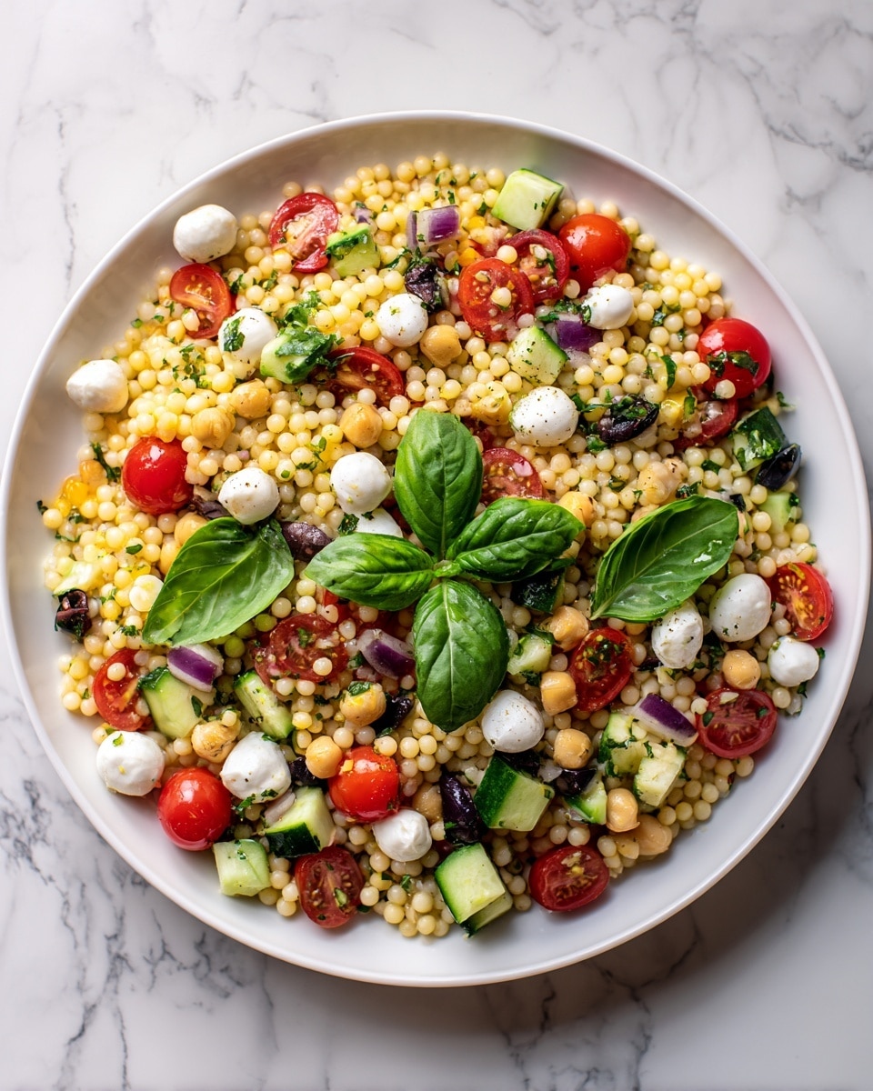A close-up of a white plate filled with a colorful salad with several layers and textures. The base layer is made of small round pale yellow couscous pearls mixed evenly throughout. On top of this are scattered bright red halved cherry tomatoes, small round white mozzarella balls, light green cucumber chunks, and pale yellow artichoke pieces. There are also yellow chickpeas spread around. Dark purple olive pieces and bits of finely chopped red onion add contrast. Fresh green basil leaves are sprinkled on top, with one larger basil sprig placed near the center as a garnish. The plate is placed on a white marbled surface. Photo taken with an iphone --ar 4:5 --v 7