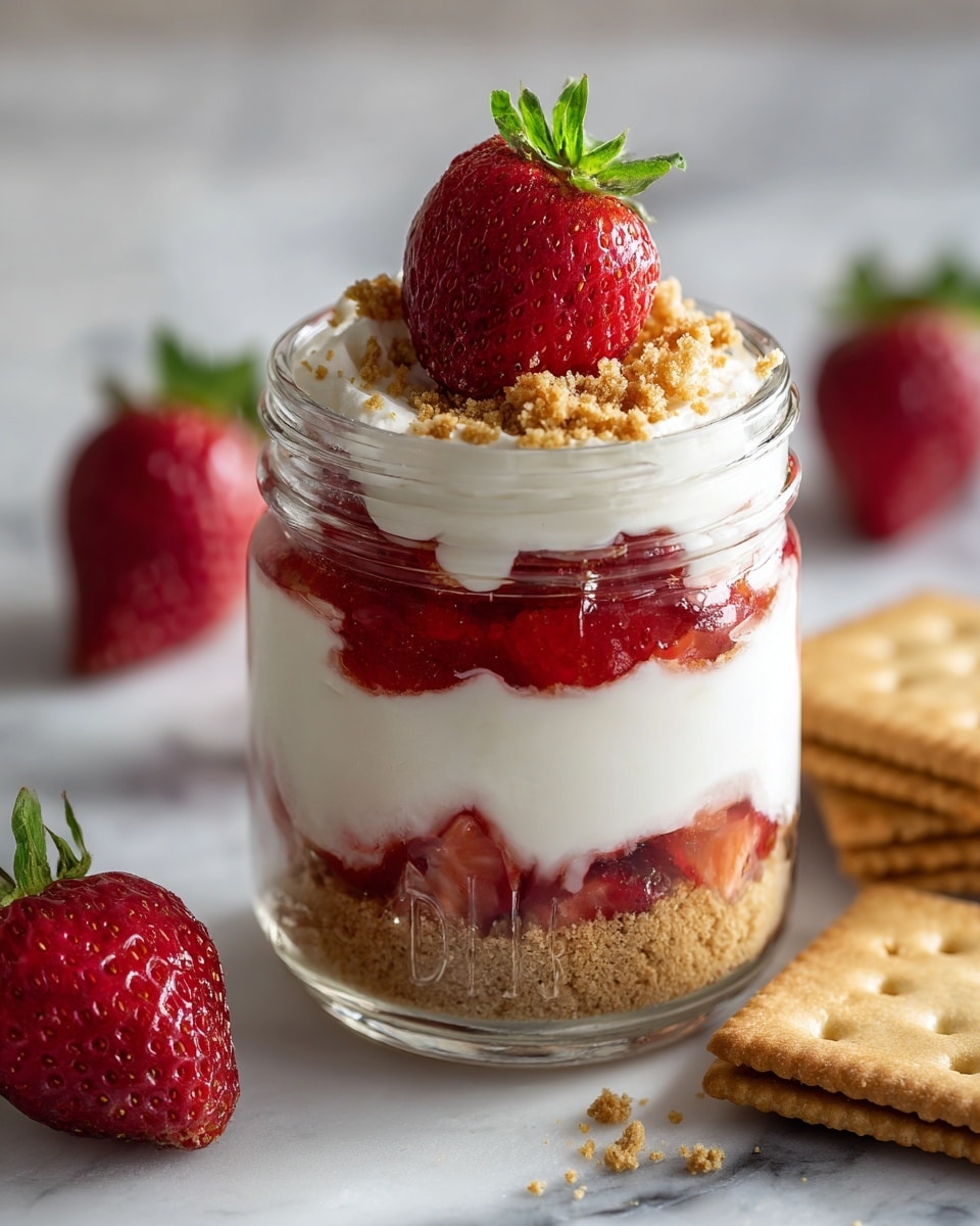A clear glass jar shows a layered dessert with four layers. The bottom layer is a light brown crumbly texture. Above it is a thick, smooth white cream layer with soft swirls. Next is a thin crumbly layer similar to the bottom one. The top layer is a red strawberry sauce with visible fruit pieces, crowned by a whole bright red strawberry with seeds. The jar sits on a white marbled surface with scattered fresh strawberries and a pale cracker on the side, in soft natural light. photo taken with an iphone --ar 4:5 --v 7