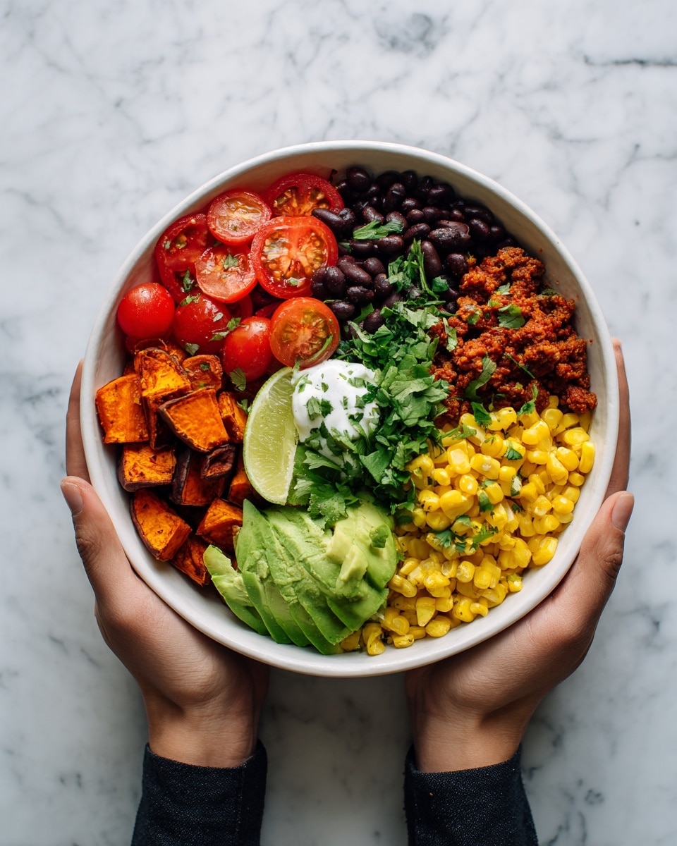 A white bowl is held by two woman's hands, filled with six different layers of food arranged side by side. Starting from the left, there are bright red cherry tomato halves, followed by black beans with a shiny texture. Next to the beans is a pile of yellow corn kernels, then diced green avocado chunks. Beside the avocado is some cooked ground meat or a similar brown topping. On top and slightly overlapping the middle, there are green fresh herbs and white creamy sauce, and a wedge of lime rests on the edge of the bowl. All is presented on a white marbled surface. photo taken with an iphone --ar 4:5 --v 7