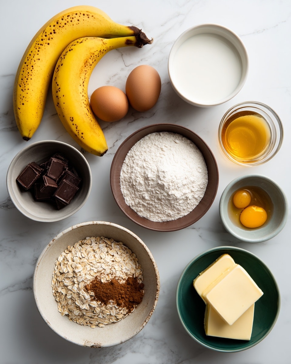 The image shows ingredients neatly arranged on a white marbled surface, including three ripe bananas with small brown spots on their yellow skin placed on the left side. There is a small white bowl filled with milk, positioned near the top center. Next to it, a brown bowl contains three whole brown eggs, while a gray bowl below holds two raw egg yolks in a little liquid. A clear glass bowl with a golden liquid, possibly syrup or honey, is placed to the right. There is a rustic bowl filled with white flour on the left middle, a small dark bowl with brown cinnamon powder beside it, and a few dark chocolate chunks in a tiny white bowl in the bottom left corner. Below the flour bowl, an off-white bowl contains a small amount of rolled oats, and on the right side a green bowl holds three thick pieces of pale yellow butter. Everything is spread simply and clearly on the clean white marbled background, photo taken with an iphone --ar 4:5 --v 7