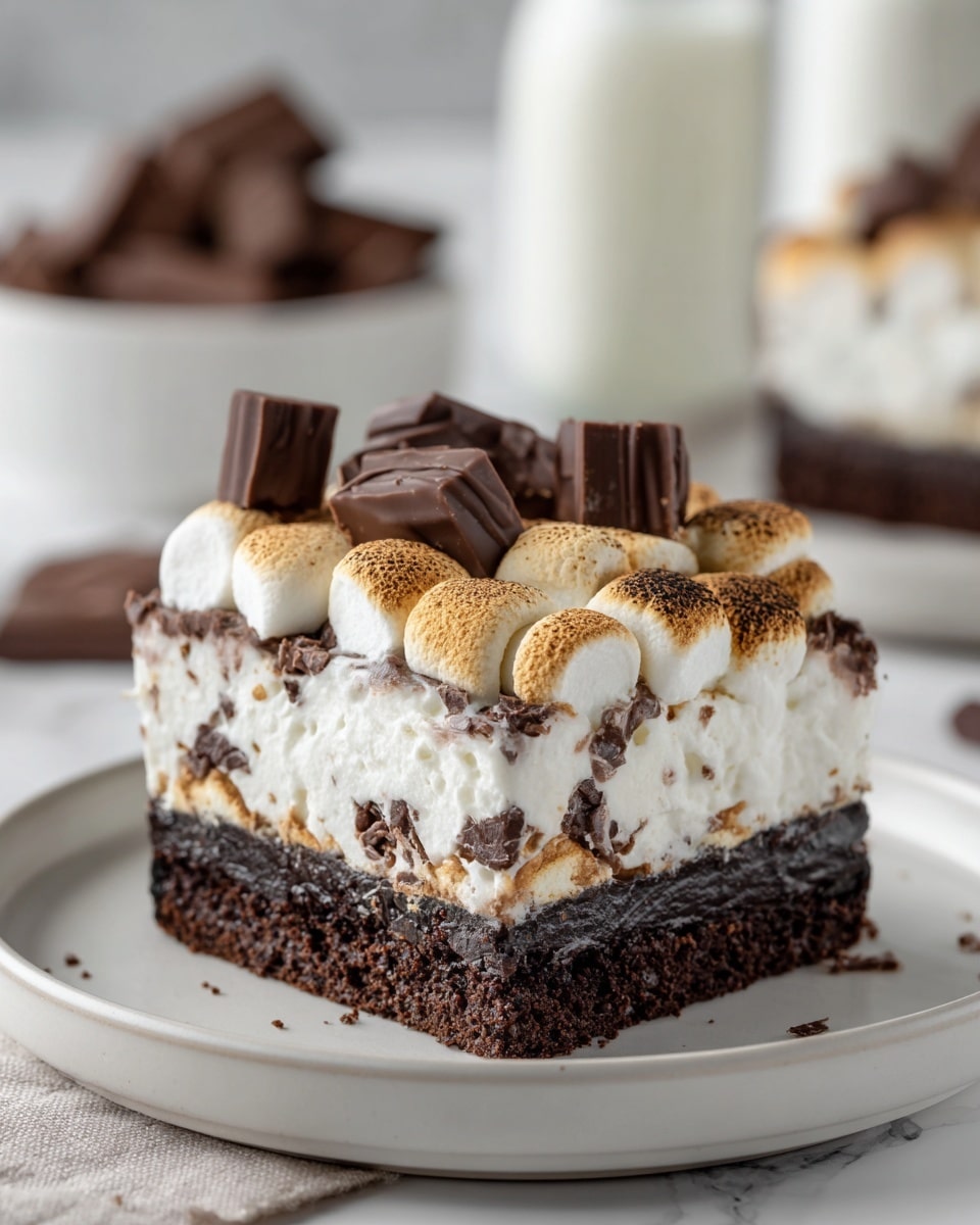 A square dessert with three visible layers sits on a white plate over a white marbled surface. The bottom layer is dark brown and chunky, the middle layer is thick and creamy white with bits of dark chocolate mixed in, and the top layer is covered in toasted marshmallows that are slightly browned and puffy. On top of the marshmallows, there are scattered triangular dark chocolate pieces standing upright. The background includes a blurred bottle of milk and a bowl with more dark chocolate pieces, all set on a wooden board. photo taken with an iphone --ar 4:5 --v 7