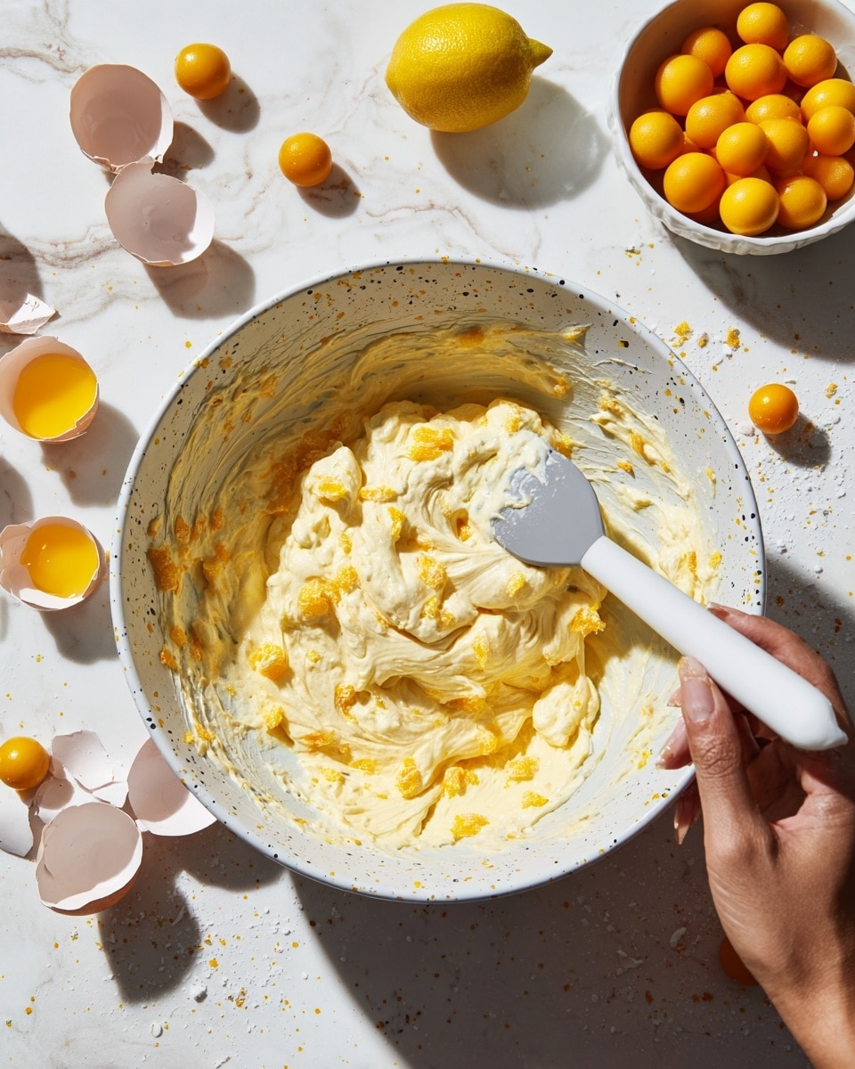A white bowl with yellow speckles holds a thick, creamy batter with small chunks of orange, likely fruit peel, mixed evenly throughout. A white spatula with a gray tip rests inside the bowl, holding up some of the batter. A woman's hand grips the edge of the bowl on the left side. Around the bowl, on a white marbled surface, there is a bright yellow lemon, broken eggshells, and a white bowl filled with small, round, orange fruits. The scene appears bright and natural. photo taken with an iphone --ar 4:5 --v 7