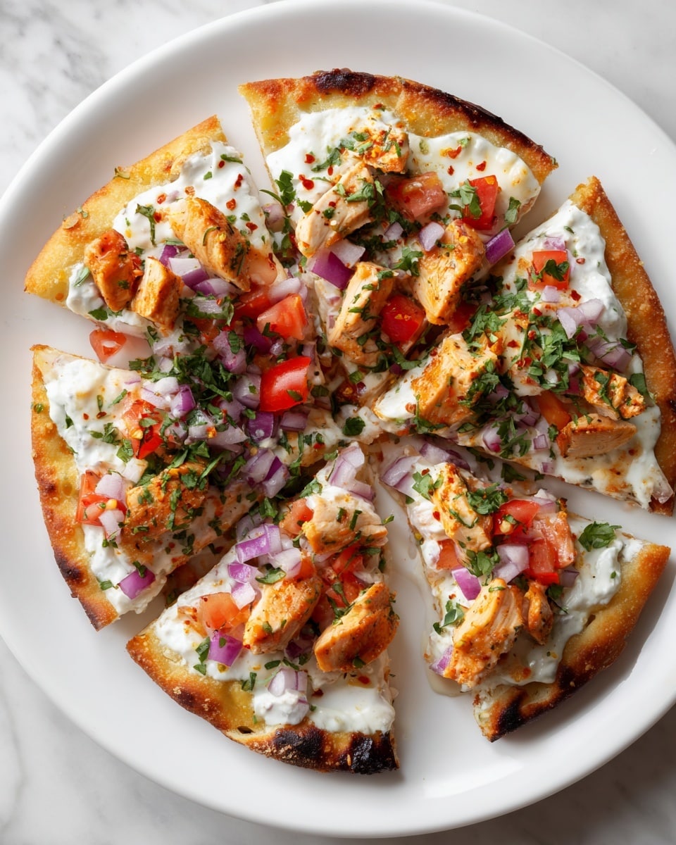 A flat pizza cut into five slices sits on a white plate over a white marbled surface. The pizza has a golden-brown crust with some darker baked spots. On top, there is a layer of white creamy cheese spread evenly across the surface. Each slice is topped with pieces of cooked chicken, finely chopped red onions, small red tomato pieces, and a sprinkling of fresh green herbs scattered all over. Some red chili flakes add a hint of color and texture. Photo taken with an iphone --ar 4:5 --v 7