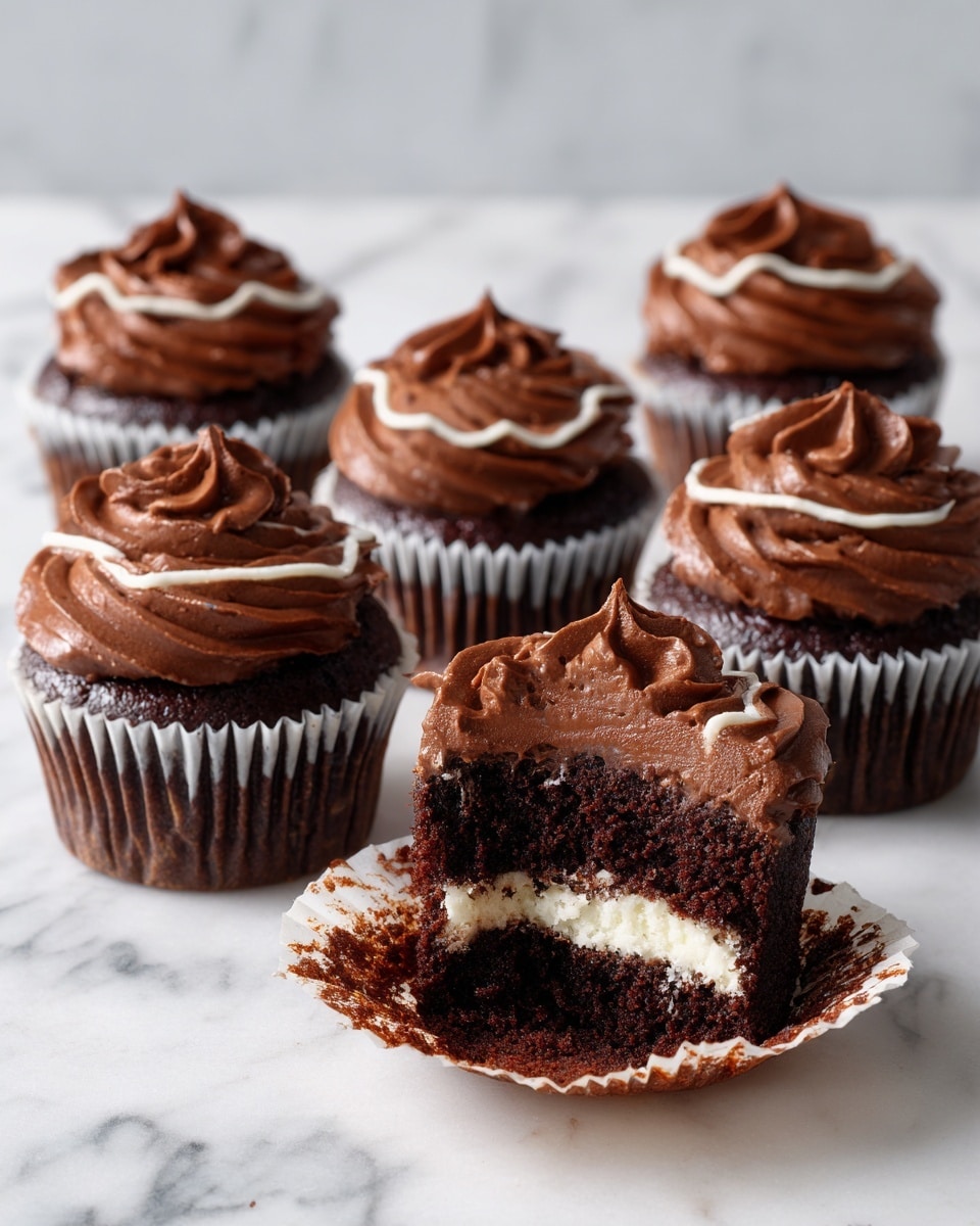 Four dark chocolate cupcakes sit on a round wooden stand with rough bark around the edge on a white marbled surface. Each cupcake has a thick shiny layer of dark chocolate frosting on top, decorated with a zigzag of white frosting. The front cupcake is partially eaten, showing a creamy white filling in the middle inside the moist dark chocolate cake. The photo is close-up with a soft focus on the back cupcakes. photo taken with an iphone --ar 4:5 --v 7