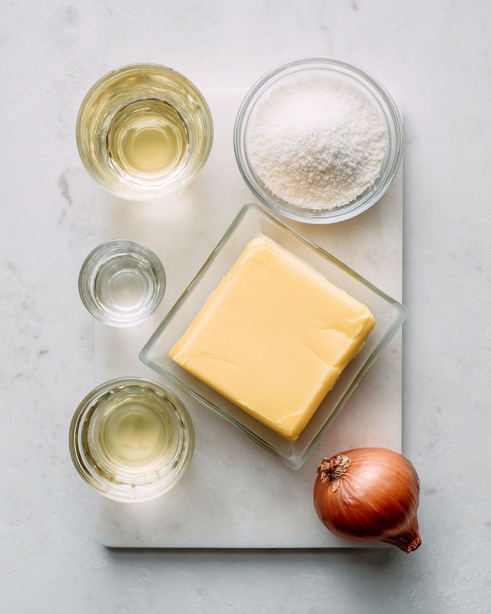 The image shows a white marbled surface with five ingredients arranged neatly. In the center, there is a clear glass plate holding a rectangular block of yellow butter with a smooth texture. Above the butter is a small clear glass bowl containing a fine white powder labeled as salt. To the right, a single whole eschallot or French onion with a reddish-brown outer skin sits on the surface. On the left side, two small clear glasses are placed vertically: the upper one holds a clear liquid labeled white wine vinegar, and the lower one contains a pale yellow liquid labeled wine. The overall setting is clean and bright, with evenly spaced components and soft natural lighting photo taken with an iphone --ar 4:5 --v 7