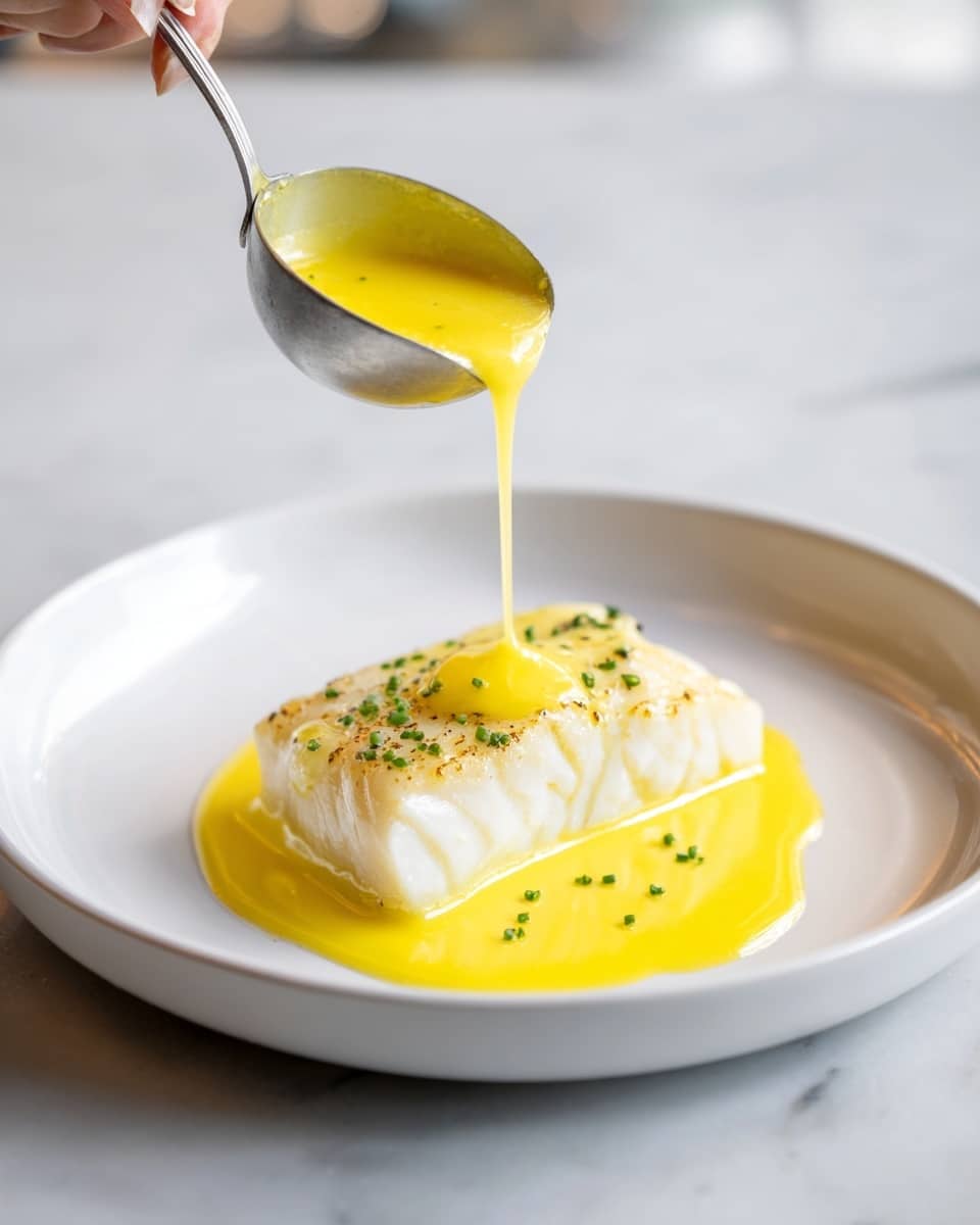 A close-up view of a white fish fillet placed on a white plate with a creamy yellow sauce being poured over it from a spoon, the sauce has a smooth texture and is spread over the fish in a slightly thick layer. Small green herb bits are sprinkled on top of the fish and sauce as a garnish. The background surface is a white marbled texture. Photo taken with an iphone --ar 4:5 --v 7
