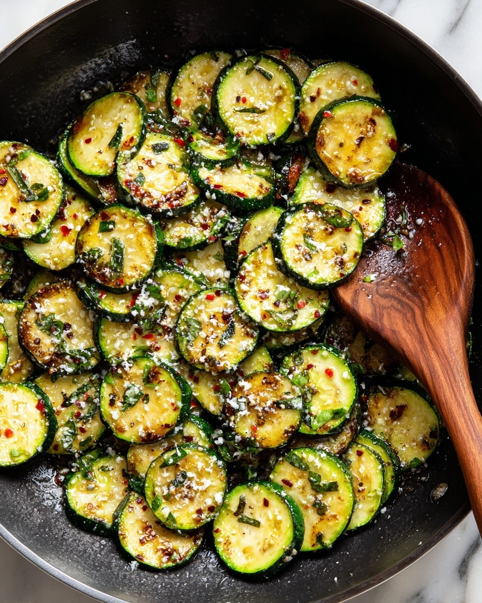 A black skillet filled with round slices of cooked zucchini that are golden brown and slightly charred in spots, scattered with green herb bits and tiny red pepper flakes. Some shredded white cheese is sprinkled lightly on top, melting slightly into the warm zucchini. A wooden spoon rests diagonally inside the skillet, partially under some zucchini slices. The skillet sits on a white marbled surface with a light cloth underneath, and nearby there is a large wedge of hard cheese and a small bowl of red pepper flakes. photo taken with an iphone --ar 4:5 --v 7