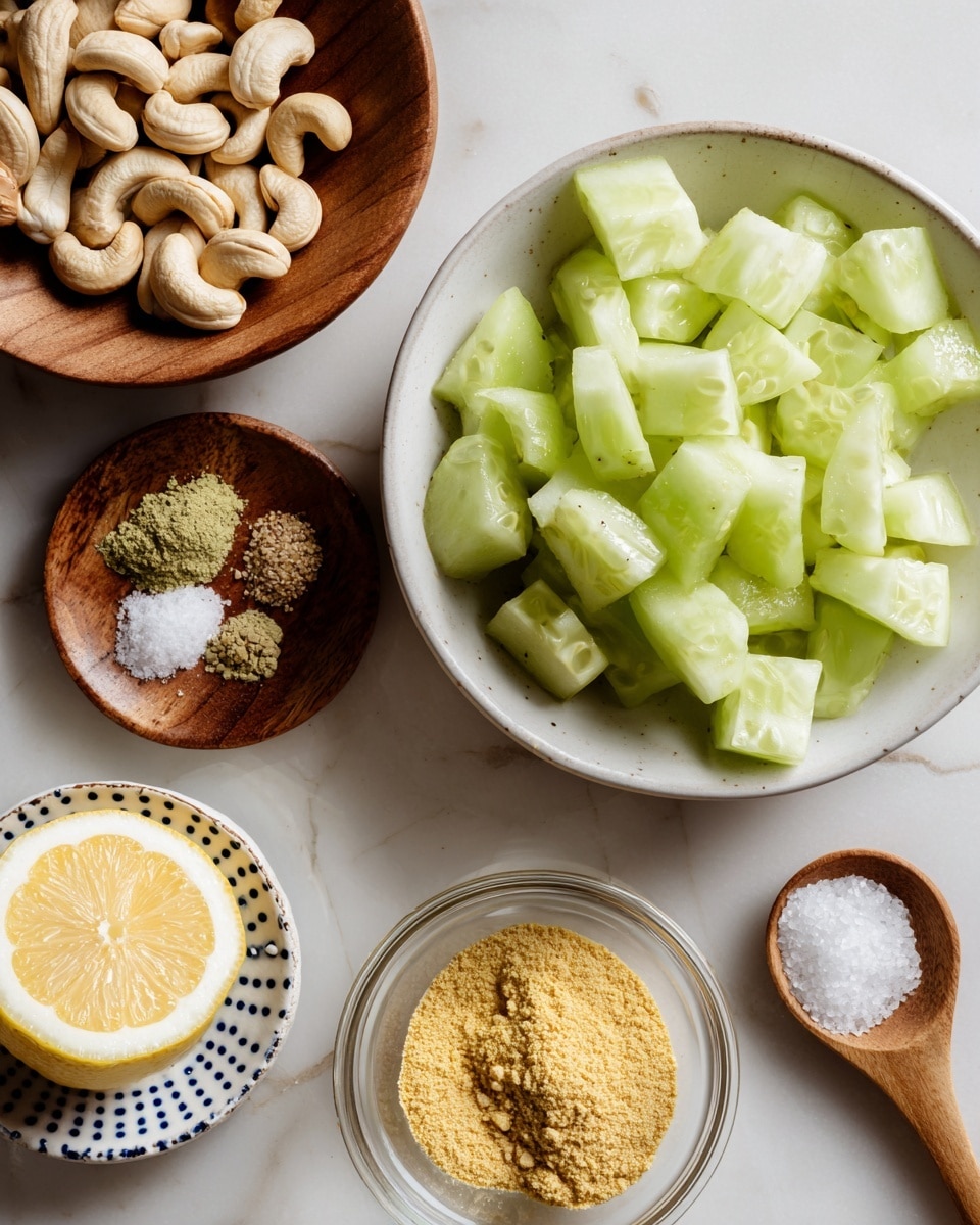 A white bowl filled with light green cucumber pieces sits on a white marbled table. Above it, a wooden bowl holds a pile of pale beige cashew nuts with smooth curves and natural texture. To the left, a small wooden plate shows three piles of spices in white and green. Below, a white plate with a blue dotted pattern holds a round slice of yellow lemon with a visible seed in the center. To the right, a wooden spoon contains a small heap of white salt, and below, a clear glass bowl is filled with coarse yellow powder, all arranged neatly on the white marbled surface. photo taken with an iphone --ar 4:5 --v 7