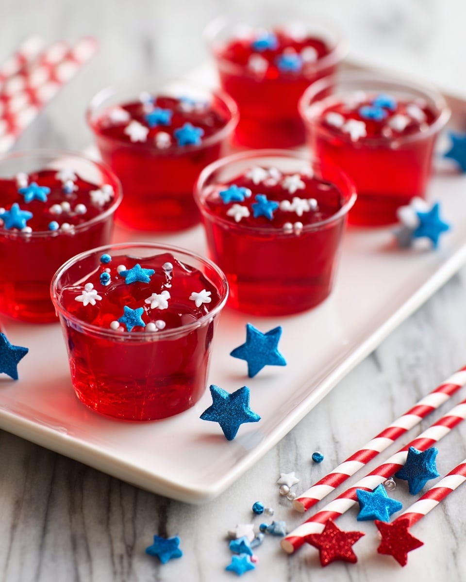 There are six small clear cups filled with bright red jelly on a white rectangular plate. Each jelly cup is topped with tiny blue, white, and red star-shaped sprinkles. Around the plate on a white marbled surface lie a few more jelly cups and some red, white, and blue star stickers scattered casually. On the right side, there are red, white, and blue striped straws with stars printed on them spread out. The wooden texture under the plate is partly visible, adding a warm tone to the scene. The photo taken with an iphone --ar 4:5 --v 7