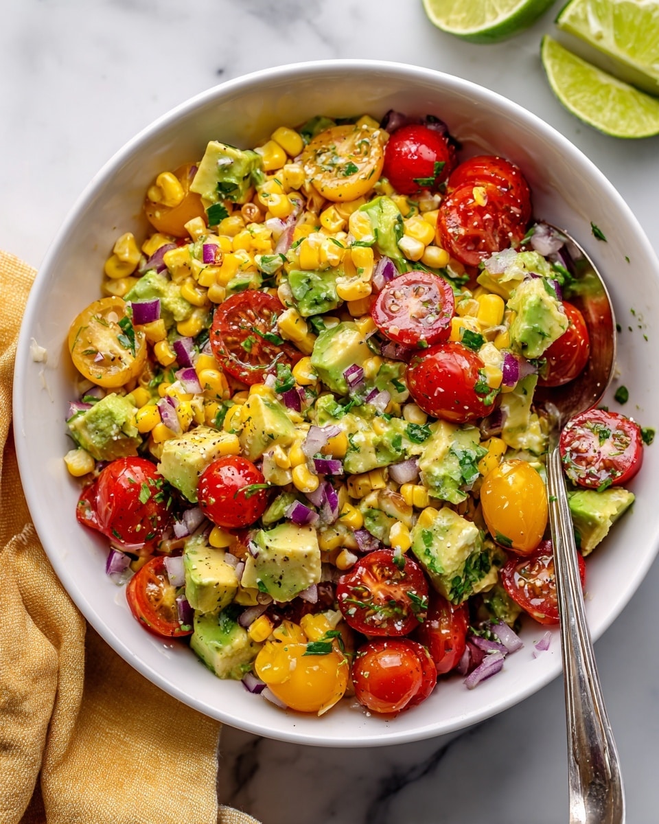 A close-up view of a salad in a white bowl featuring three main layers of ingredients: bright yellow corn kernels scattered throughout, smooth green avocado chunks evenly mixed in, and whole and halved shiny red cherry tomatoes placed on top and within the mix. Small pieces of purple onion and dark green chopped herbs are sprinkled over the entire salad, adding texture and color contrast. A silver spoon rests inside the bowl, positioned on the right side. The bowl sits on a white marbled surface, and part of a yellow cloth is visible in the bottom right corner. photo taken with an iphone --ar 4:5 --v 7