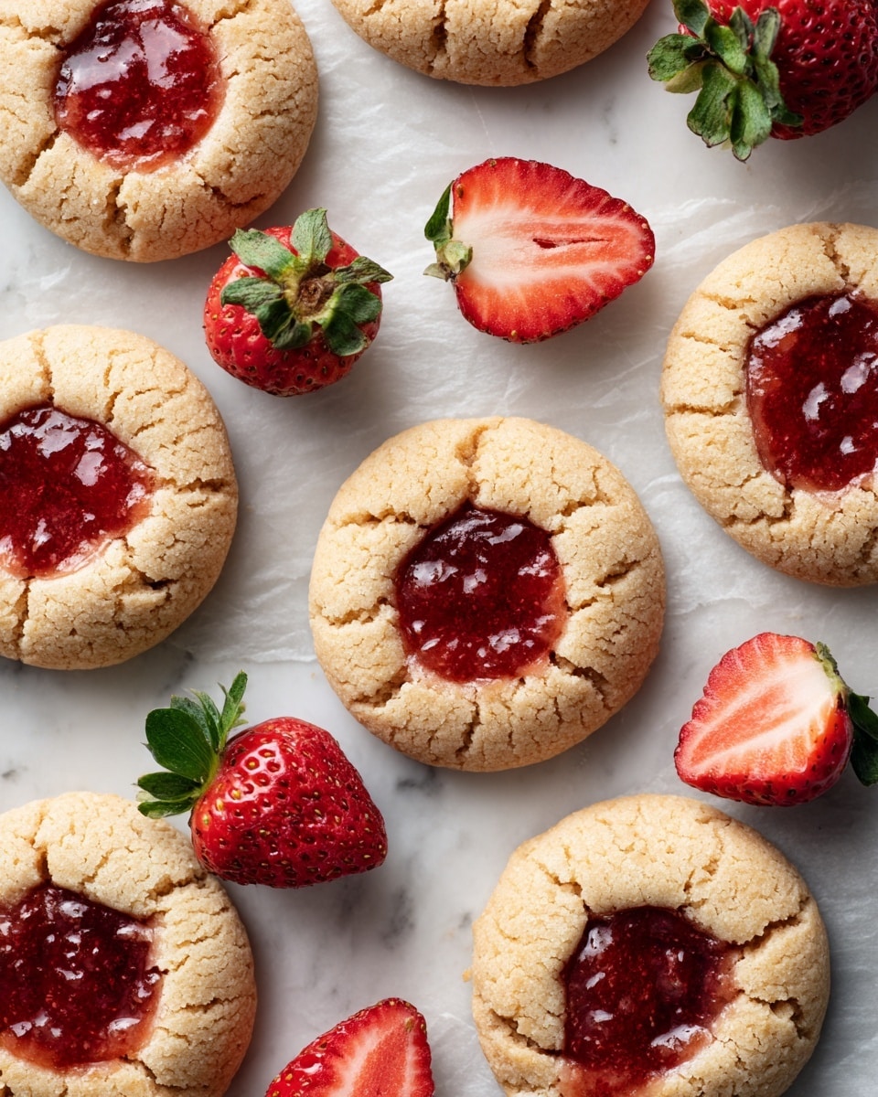 A white plate is filled with about ten round cookies, each showing a mix of light golden brown and red swirls of strawberry jam throughout their soft, slightly cracked surface. Around the cookies, fresh whole strawberries and some halved strawberries with bright red interiors and green leaves are scattered on a white marbled background, adding fresh color to the scene. The cookies have a textured, gently uneven surface with patches of jam creating bright, shiny red streaks on each one, making the arrangement look warm and inviting. photo taken with an iphone --ar 4:5 --v 7