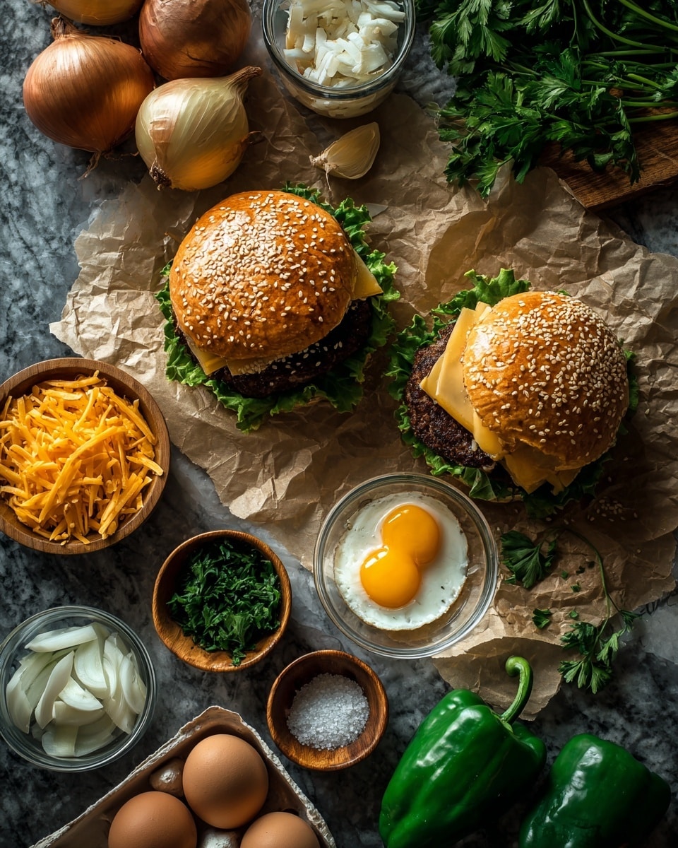 The image shows two ready-made burgers on crinkled brown paper, each with a sesame seed bun, green lettuce, and a dark brown patty; one burger has the top bun lifted slightly, revealing the layers. Around them are fresh ingredients laid out on a white marbled surface: three whole brown onions, two green bell peppers, a bunch of fresh green parsley, a white onion cut in half, a wooden bowl with two sunny yellow yolks in bright white cooked eggs, a small wooden bowl of sliced white onion rings, a small bowl of chopped green herbs, a small clear bowl with shredded orange cheddar cheese, a small clear bowl of salt, a small clear bowl of black pepper, and a carton holding a mix of brown and white eggs. The lighting emphasizes the fresh textures and colors of all the ingredients. Photo taken with an iphone --ar 4:5 --v 7