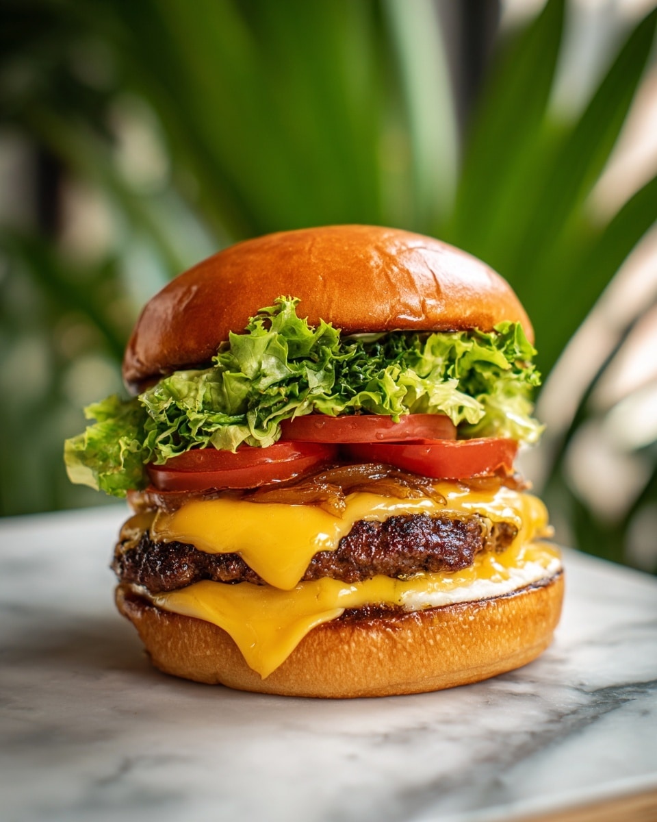 A close-up view of a burger with five visible layers: the top golden-brown bun that looks soft and slightly shiny, fresh green lettuce peeking out beneath the bun, two thick red tomato slices under the lettuce, caramelized onions resting on top of melted bright yellow cheese, and a juicy grilled beef patty with a dark charred texture, all sitting on the bottom golden-brown bun. The burger is placed on a white marbled surface with a blurred green background. photo taken with an iphone --ar 4:5 --v 7