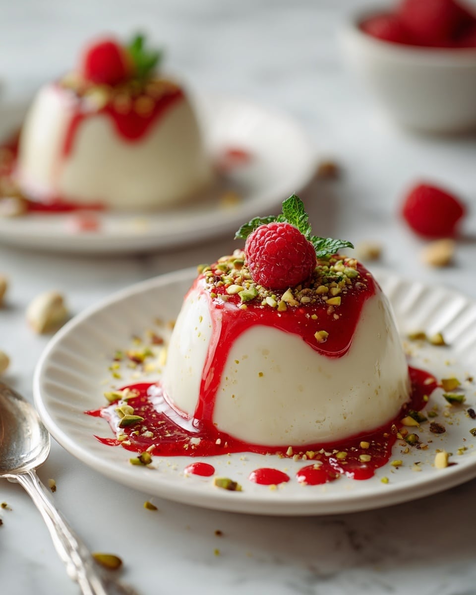 Creamy Vanilla Panna Cotta with Raspberry Coulis and Gourmet Toppings Recipe