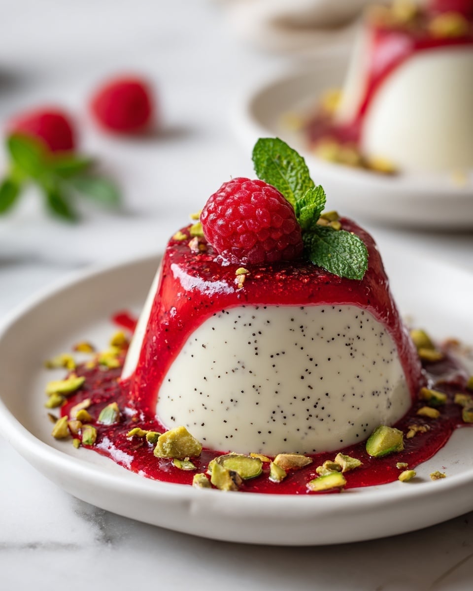 A small white panna cotta dessert with tiny black vanilla specks stands in the center of a white plate on a white marbled surface. The panna cotta has two layers: a smooth creamy white base with a bright red raspberry sauce dripping down its sides. The top layer is garnished with a fresh red raspberry, a few green mint leaves, and crushed green pistachios scattered over the sauce and around the base. Another similar panna cotta is softly blurred in the background. Photo taken with an iphone --ar 4:5 --v 7