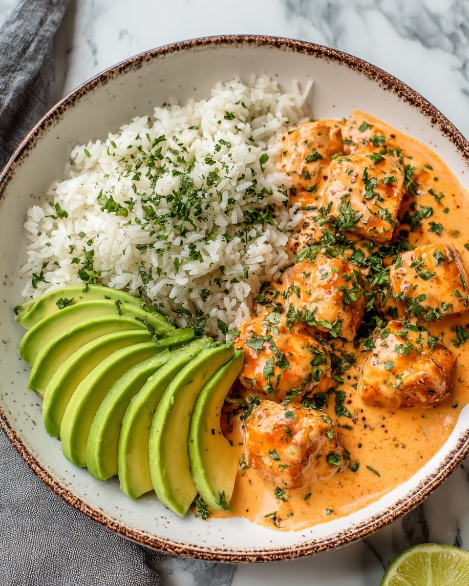 A gray bowl filled with steamed white rice forms the base layer, topped with grilled orange-brown cubes of chicken arranged on one side. Over the rice and chicken is a creamy light beige sauce with specks of seasoning, spreading almost evenly. On top and slightly to the left, there are slices of light green avocado and sprinkled chopped fresh green herbs. The bowl rests on a white marbled surface with some green leaves blurred in the background. Photo taken with an iphone --ar 4:5 --v 7
