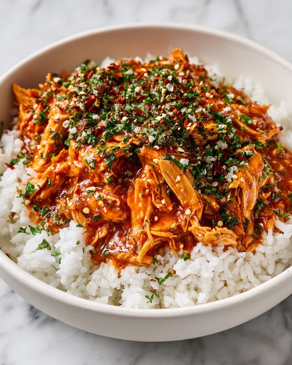 A white bowl filled with a base layer of fluffy white rice topped with shredded cooked chicken covered in a rich orange sauce. The sauce has a smooth texture with visible oil sheen and is spread evenly over the chicken. The dish is garnished with chopped fresh green herbs and red chili flakes scattered on top, adding bright green and red colors against the orange and white. The bowl sits on a white marbled surface. photo taken with an iphone --ar 4:5 --v 7