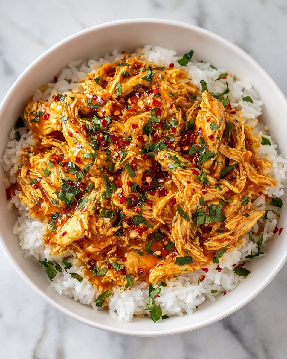 The image shows a white bowl filled with two main layers: the bottom layer is fluffy white rice with a slightly sticky texture, and the top layer consists of shredded chicken mixed with a creamy orange sauce. The chicken pieces are coated well with the sauce and sprinkled generously with finely chopped green herbs and red chili flakes, adding bright green and deep red touches across the dish. The entire meal is placed on a white marbled surface. photo taken with an iphone --ar 4:5 --v 7