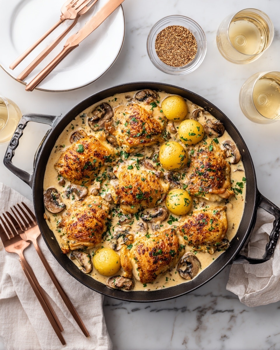 A pan filled with seven golden-brown pieces of cooked chicken thighs, sitting in a light creamy sauce with small whole yellow potatoes and sliced brown mushrooms scattered around. The chicken pieces are crisp and slightly shiny with some green herb leaves sprinkled on top. The pan is dark-colored with handles on both sides, placed on a white marbled surface. Next to it is a white plate with three copper forks and two copper knives neatly placed, and two clear glasses of white wine also sit on the white marbled surface. A small clear bowl with ground black pepper is visible near the top of the pan photo taken with an iphone --ar 4:5 --v 7