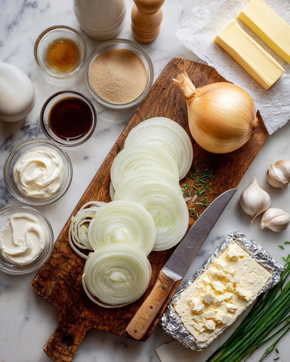 A wooden cutting board sits on a white marbled surface, with one whole yellow onion and several thin layers of white onion slices arranged in the middle. A knife with a wooden handle rests on the board next to the sliced onion. Surrounding the board are several small glass bowls containing light brown sugar, dark liquid, thick cream-colored sauce, and white cream. To the right, there are several white garlic cloves and a small bunch of green chives. A foil-wrapped block of cream cheese with some pieces cut off is placed near the chives. In the background, there are two bottles, one white and one dark, and a few sticks of butter on white parchment paper. Photo taken with an iphone --ar 4:5 --v 7
