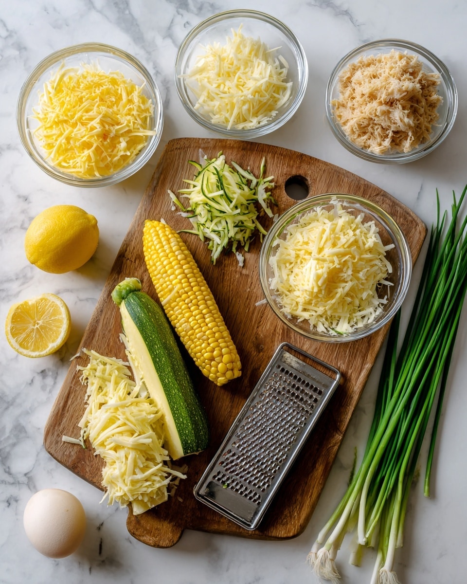 The image shows a wooden cutting board on a white marbled surface. On the board, there are two yellow and white corn cobs placed side by side, a piece of zucchini partially grated, with some zucchini shreds on the board next to a metal grater. There are two halves of a lemon, one on the board and one on the marbled surface. Surrounding the board, there are several clear glass bowls containing different ingredients: shredded cheese, grated cheese, mayonnaise, shredded cooked chicken, an egg, and finely chopped ginger. To the right, a few green chive stalks lie on the white marbled surface. Photo taken with an iphone --ar 4:5 --v 7