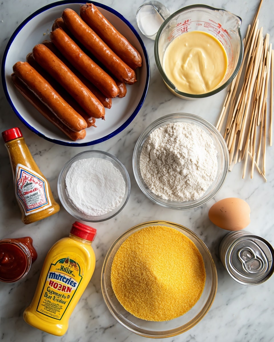 The image shows ingredients arranged on a white marbled surface. In the center left, there is a white dish with a blue rim holding six reddish-brown sausages stacked neatly. Above them, a clear glass measuring cup filled with a thick pale yellow batter is placed. To the right of the measuring cup, there is a small clear bowl with salt, and next to it, another clear bowl filled with white flour. Below these, a larger clear bowl contains yellow cornmeal with a fine texture. Nearby, a yellow bottle of French’s classic mustard and a red bottle of Heinz organic ketchup lie on the surface. An egg and a metallic can are positioned to the bottom right. Wooden skewers stand upright in a small clear jar, located near the top center. Photo taken with an iphone --ar 4:5 --v 7