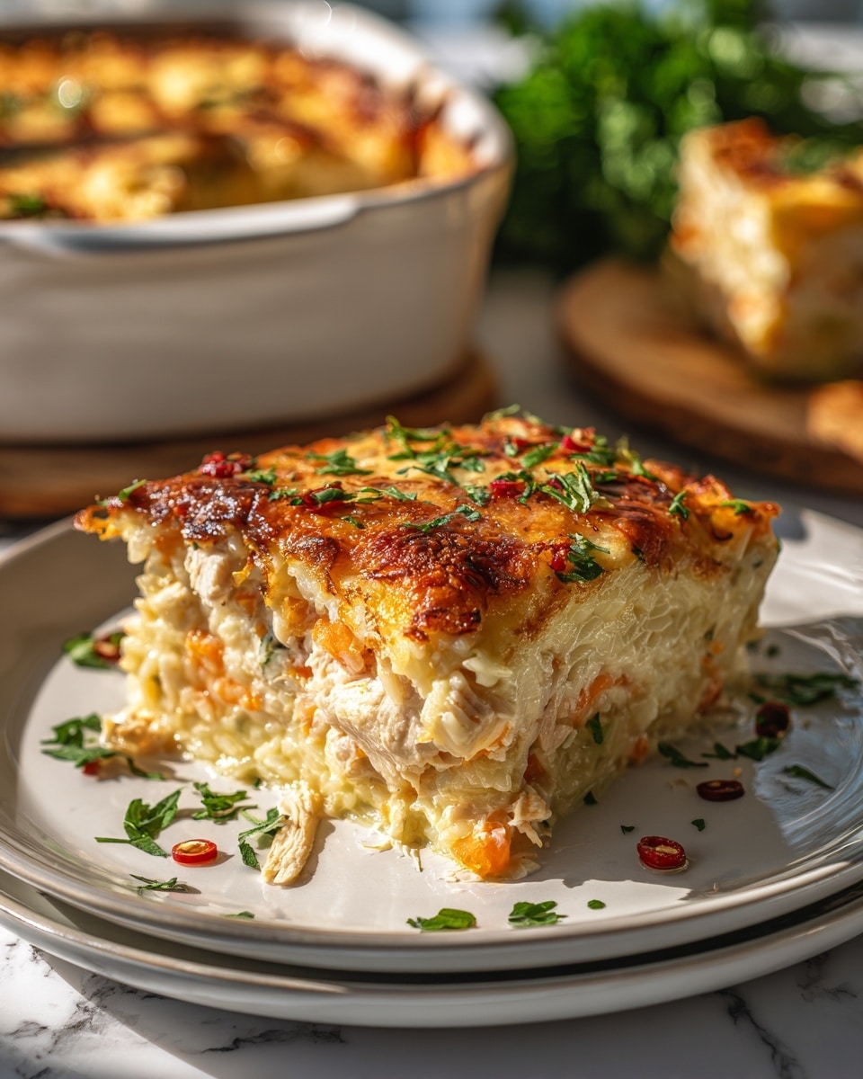 A thick slice of baked rice casserole sits on a white plate placed on a white marbled surface. The casserole has three visible layers: the bottom layer is creamy rice mixed with small pieces of orange carrot and bits of light brown meat; the middle layer is more rice with herbs and spices, slightly moist and soft; the top layer is a golden brown crust, crunchy and slightly crispy, topped with small chopped green parsley leaves and bright red chili pieces scattered over the surface. In the background, a white baking dish filled with the same casserole is blurred, along with some fresh green herbs on a wooden board near a window. The warm sunlight highlights the texture and color contrast of the dish photo taken with an iphone --ar 4:5 --v 7