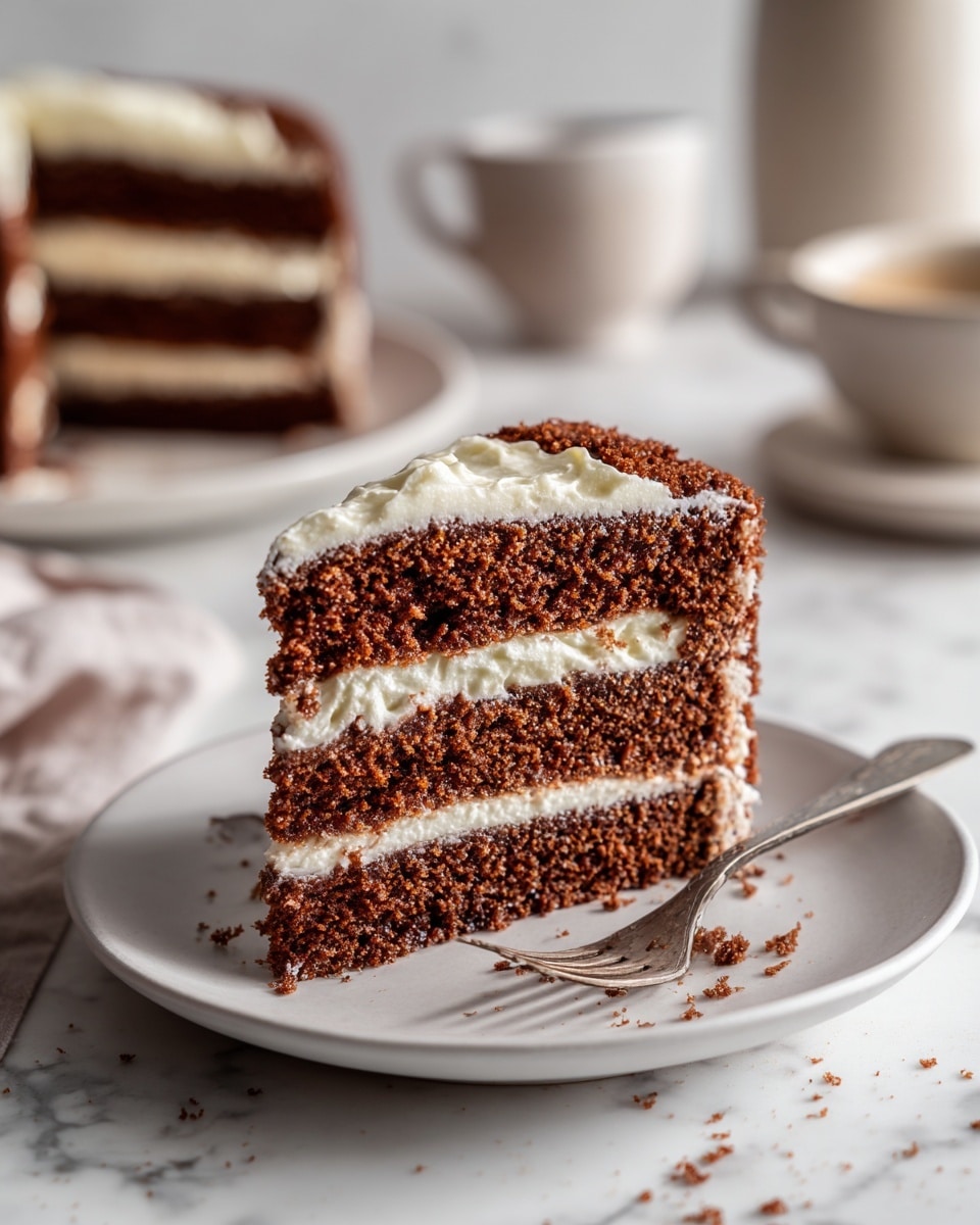 A slice of three-layer brown cake with moist texture sits on a white plate with a cork base. Between each cake layer is a white creamy frosting layer, and the cake is covered with the same frosting on the outside edges. A silver fork rests on the plate, holding a piece of cake. In the background, there is a second white plate with another slice of cake, and the whole scene is set on a white marbled surface with a few small cake crumbs scattered around. photo taken with an iphone --ar 4:5 --v 7