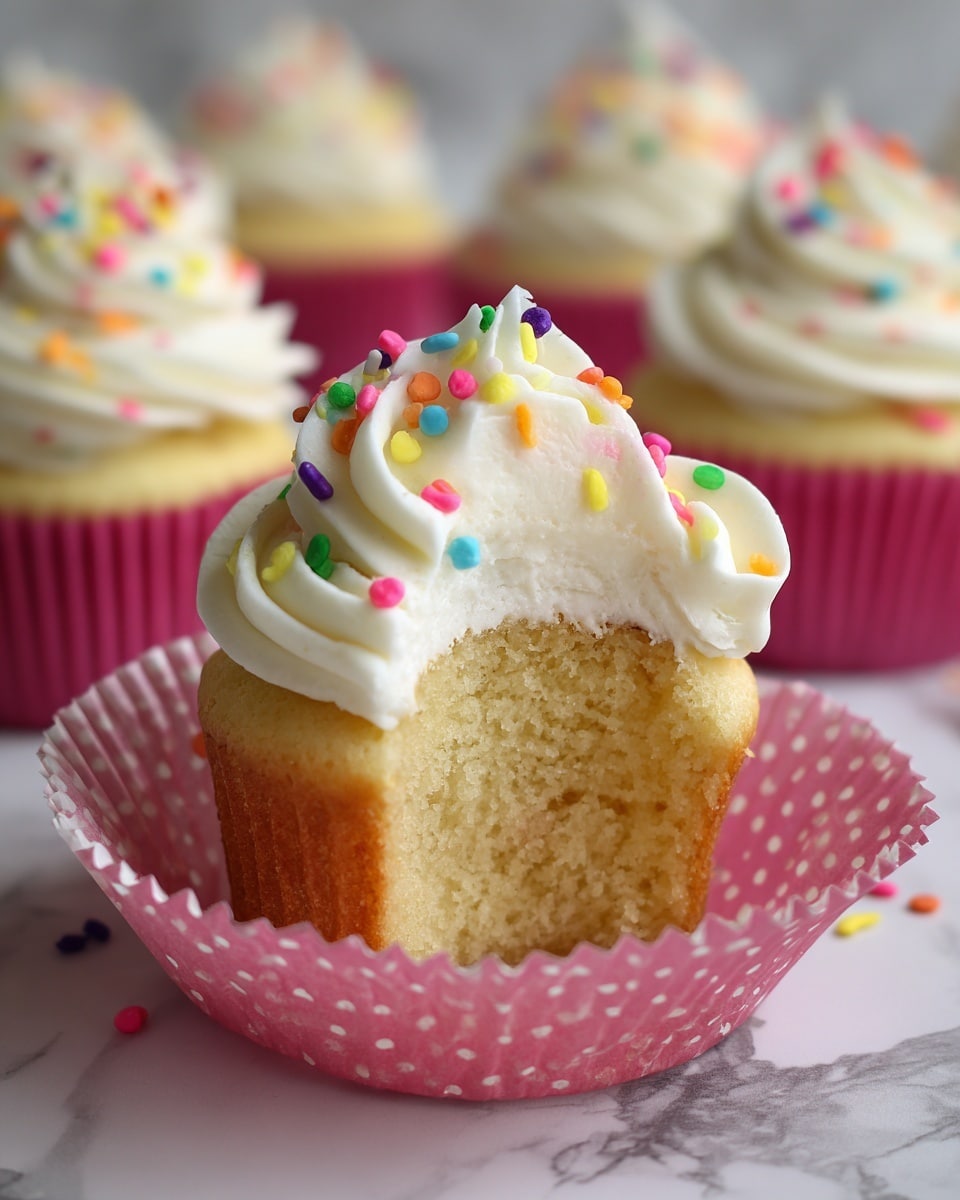 A white pedestal cake stand holds eight small cupcakes arranged in two rows. Each cupcake has a light golden base wrapped in a pink wrapper with white polka dots. On top of each cupcake is a thick swirl of white frosting, shaped like a soft spiral with a defined peak in the center. The frosting is decorated with colorful sprinkles in green, pink, yellow, red, and orange, scattered lightly on top. The surface below and background show a white marbled texture, with a small white bowl filled with similar sprinkles placed near the stand. A green cloth napkin is partially visible at the bottom right. photo taken with an iphone --ar 4:5 --v 7