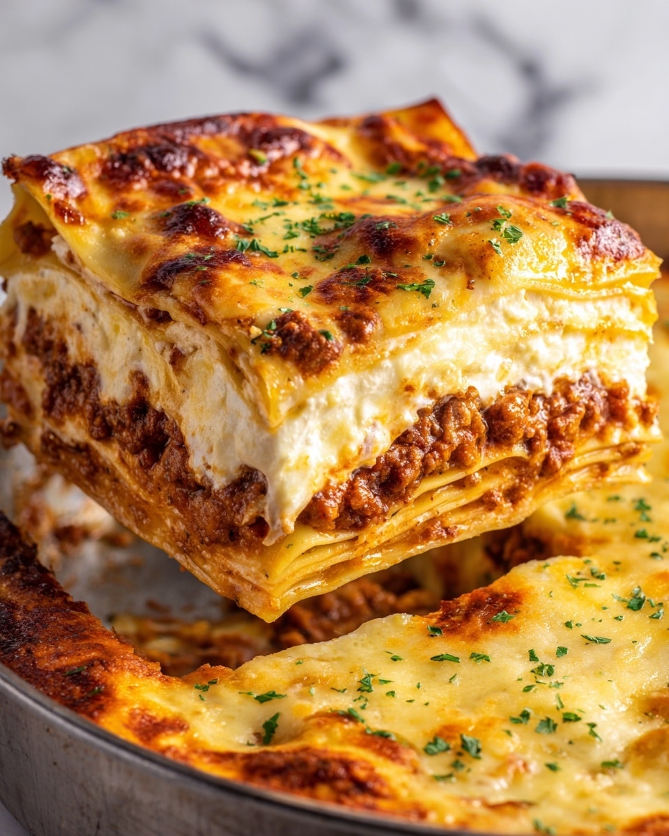 A close-up image shows a thick slice of lasagna being lifted by a black spatula above a white pan filled with the dish. The slice has three visible layers of pasta sheets, two layers of rich brown meat sauce mixed with tomato, and two layers of creamy white cheese. The top layer is melted golden cheese with small browned spots and a light sprinkle of green herbs. The background surface is white with a marbled texture. Photo taken with an iphone --ar 4:5 --v 7