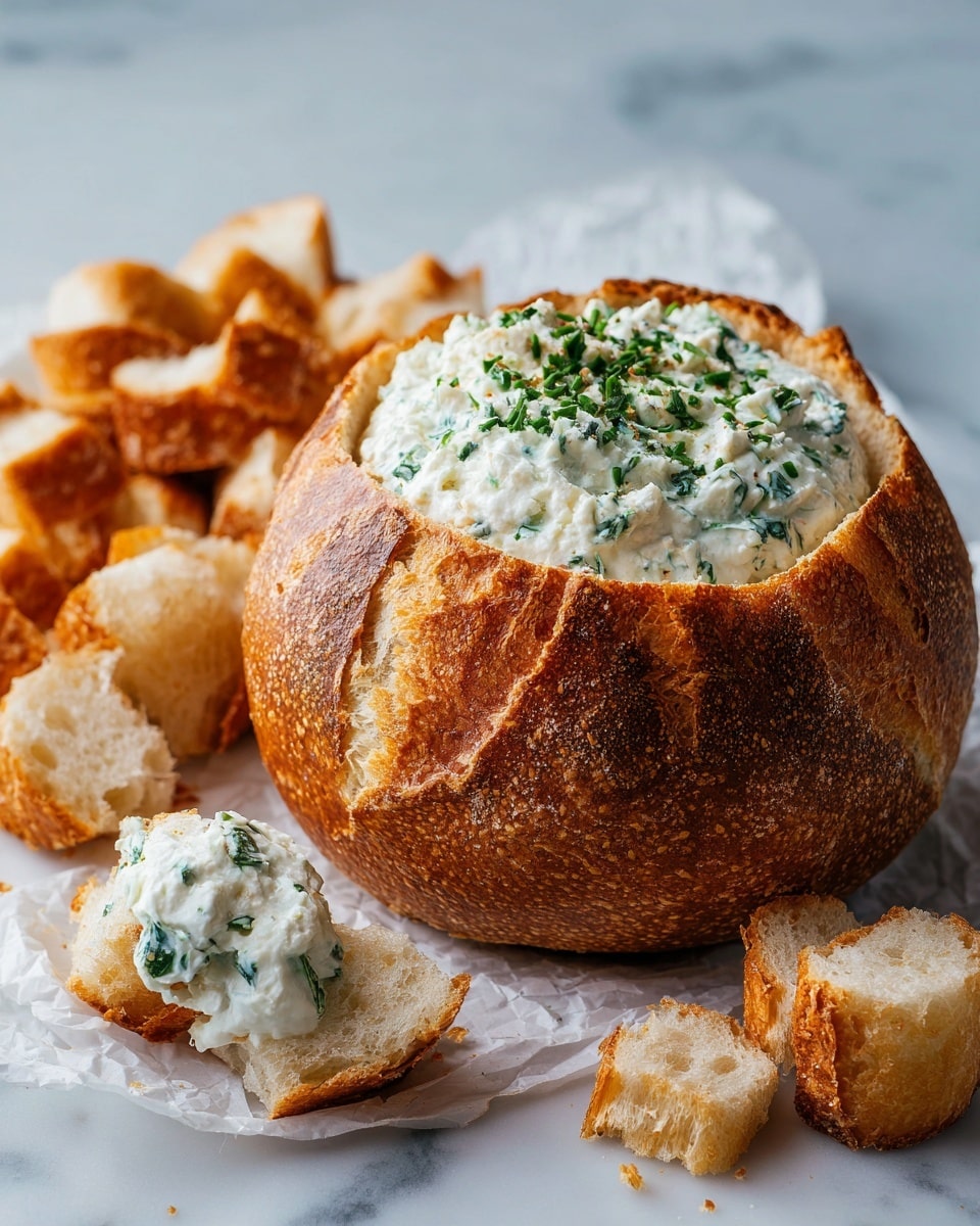 A close-up view shows a piece of white crusty bread being held by a woman's hand, dipping into a creamy dip with a thick texture. The dip fills a hollowed-out white bread bowl and is off-white in color with visible green spinach pieces mixed throughout. The soft crumb and golden crust of the bread contrast with the smooth, chunky dip. The background features a white marbled surface. photo taken with an iphone --ar 4:5 --v 7