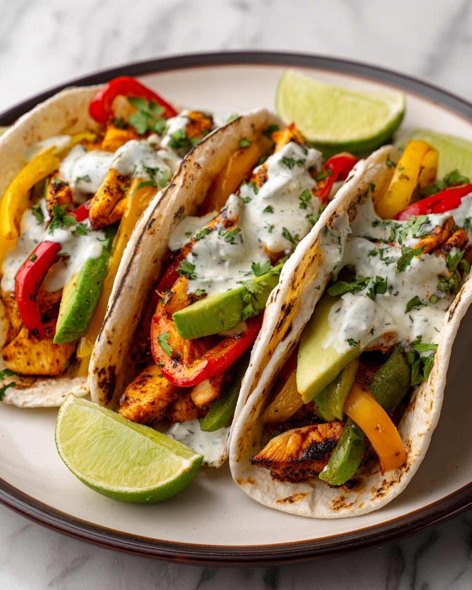Three soft white tortillas are filled with layers of grilled orange chicken pieces, slices of green avocado, and strips of red, yellow, and green bell peppers. Each taco is topped with a creamy white sauce with herbs and sprinkled with fresh green cilantro. The tacos are arranged closely on a white plate with a dark rim, with two lime wedges placed near the bottom and one lime wedge at the top. The plate sits on a white marbled surface. photo taken with an iphone --ar 4:5 --v 7