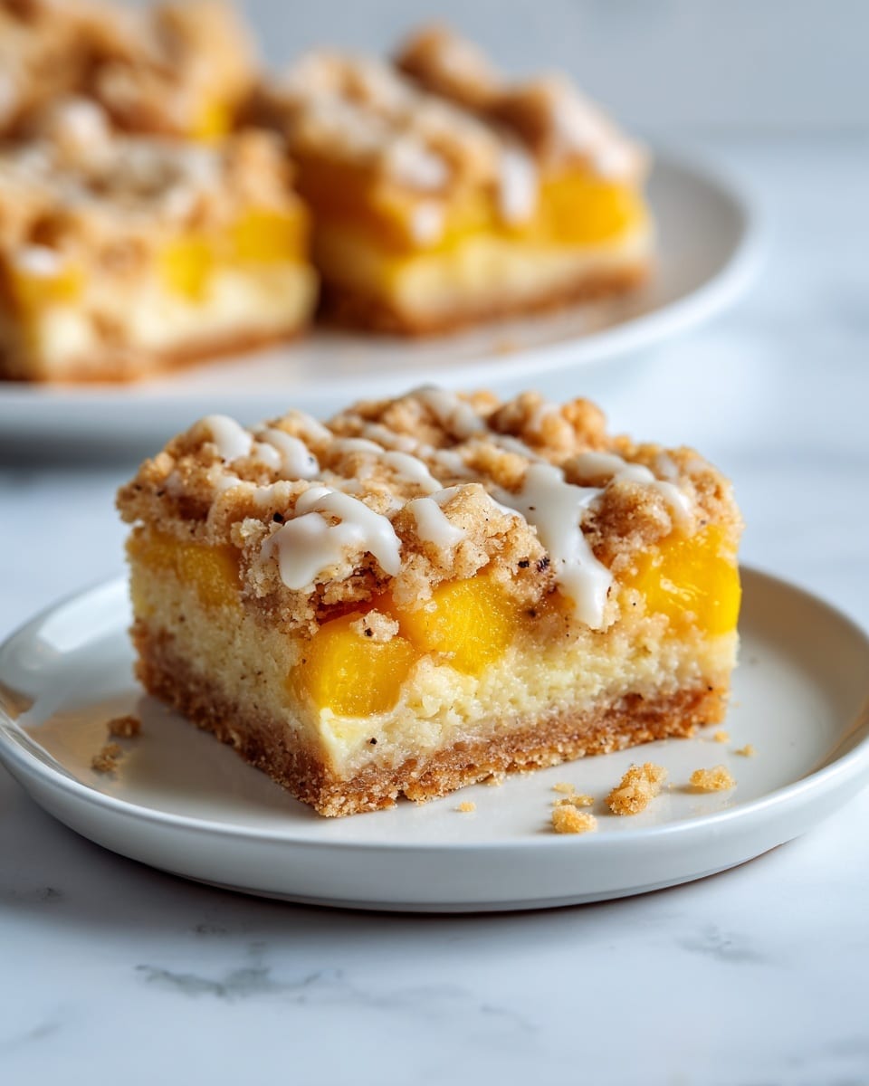 The image shows one piece of peach crumble bar on a simple white plate resting on a white marbled surface. The dessert has three layers: the bottom is a light brown crust, the middle layer is made of bright yellow-orange peach pieces, and the top layer is a crumbly, golden-brown streusel with small clusters. A creamy white glaze with tiny dark specks is drizzled over the top, adding a soft texture and visual contrast. Some crumbs are scattered around the bar on the plate, adding a natural, casual look. In the background, a bit of another white plate with more peach crumble bars can be seen slightly out of focus. photo taken with an iphone --ar 4:5 --v 7