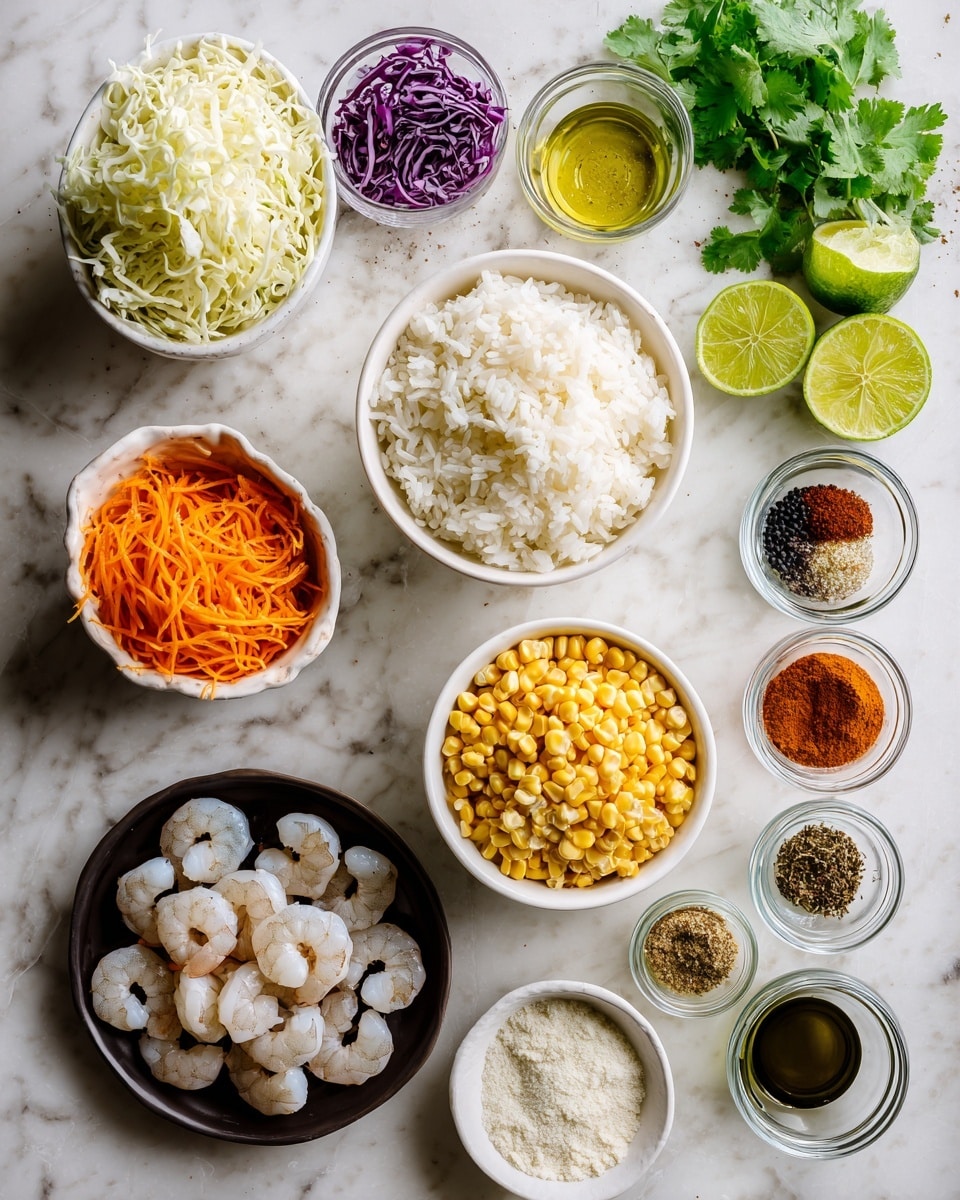 The image shows several small bowls and jars with cooking ingredients arranged neatly on a white marbled surface. Near the center is a white bowl filled with fluffy white rice, and below it a white bowl full of yellow corn kernels. To the left is a white bowl with a mix of shredded white and purple cabbage and small carrot strips. Below that is a dark round plate with peeled, raw shrimp that are pale and slightly translucent. There are small white bowls holding a coarse white powder and a crumbled white substance. Around these are clear glass containers and jars with olive oil, smoked paprika, garlic powder, chili powder, and small black peppercorns in a white bowl. On the upper right side, bright green cilantro leaves and three lime halves add color. The setup is clean, organized, and ready for cooking. Photo taken with an iphone --ar 4:5 --v 7