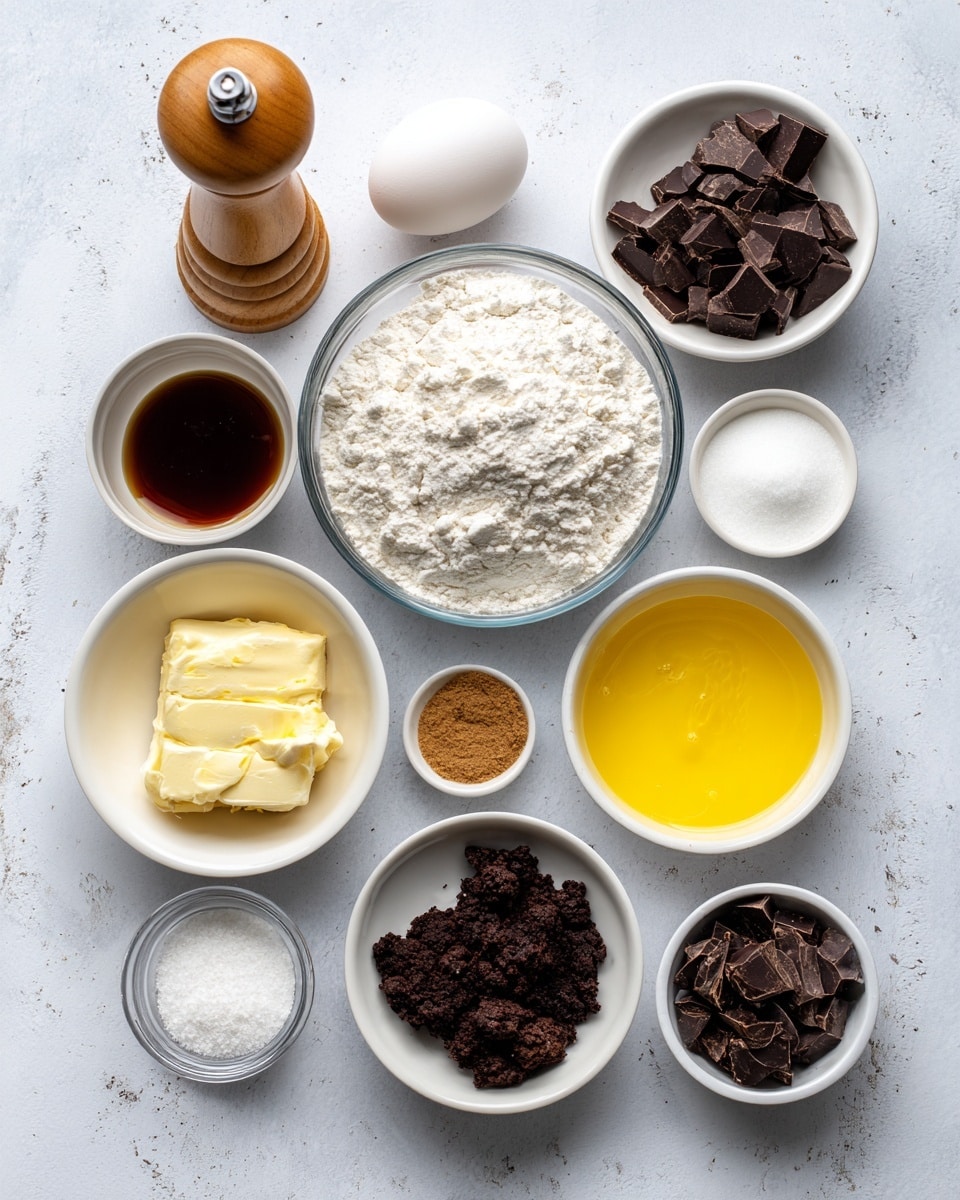 A flat lay of baking ingredients arranged on a white marbled surface includes a clear bowl in the center filled with white flour, a white bowl to the right with melted yellow butter, a white bowl below it with a mix of white sugar and light brown sugar side by side, and a small clear bowl at the bottom with crushed dark chocolate cookies. To the left of the flour bowl, there is a small white bowl with dark brown vanilla extract, a round white bowl above it with white baking powder or soda, a whole white egg next to it, and a small white bowl filled with chopped dark chocolate pieces near the top right. A wooden salt grinder stands on the far left side. The overall scene is bright with a clean, simple, and organized look photo taken with an iphone --ar 4:5 --v 7