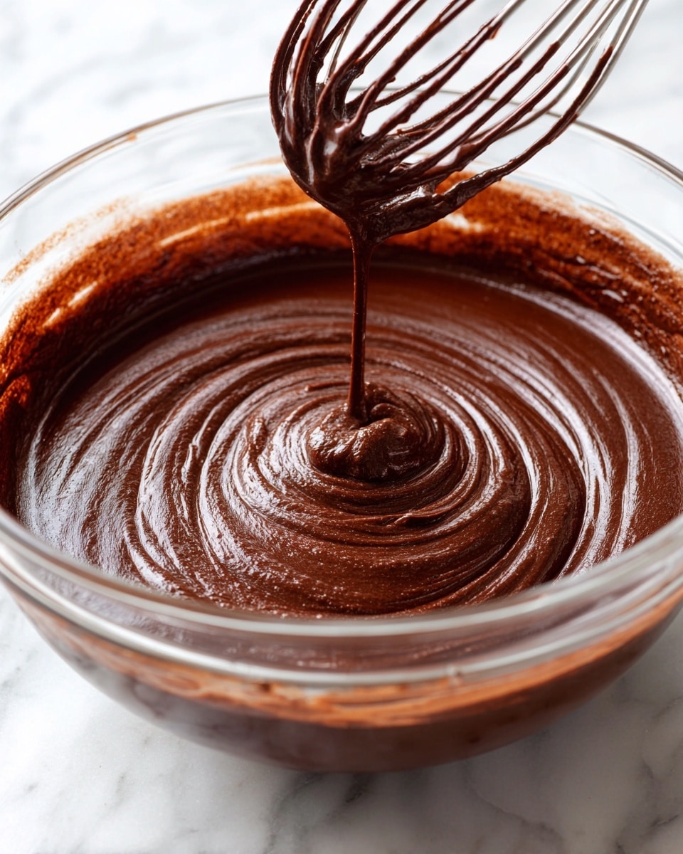 A close-up view of a glass bowl filled with thick, smooth dark brown chocolate batter. The batter has a glossy, rich texture with gentle swirls in the center as more batter is poured from a whisk held above the bowl. The bowl is set on a white marbled surface, highlighting the deep color and shine of the chocolate mixture. Photo taken with an iphone --ar 4:5 --v 7