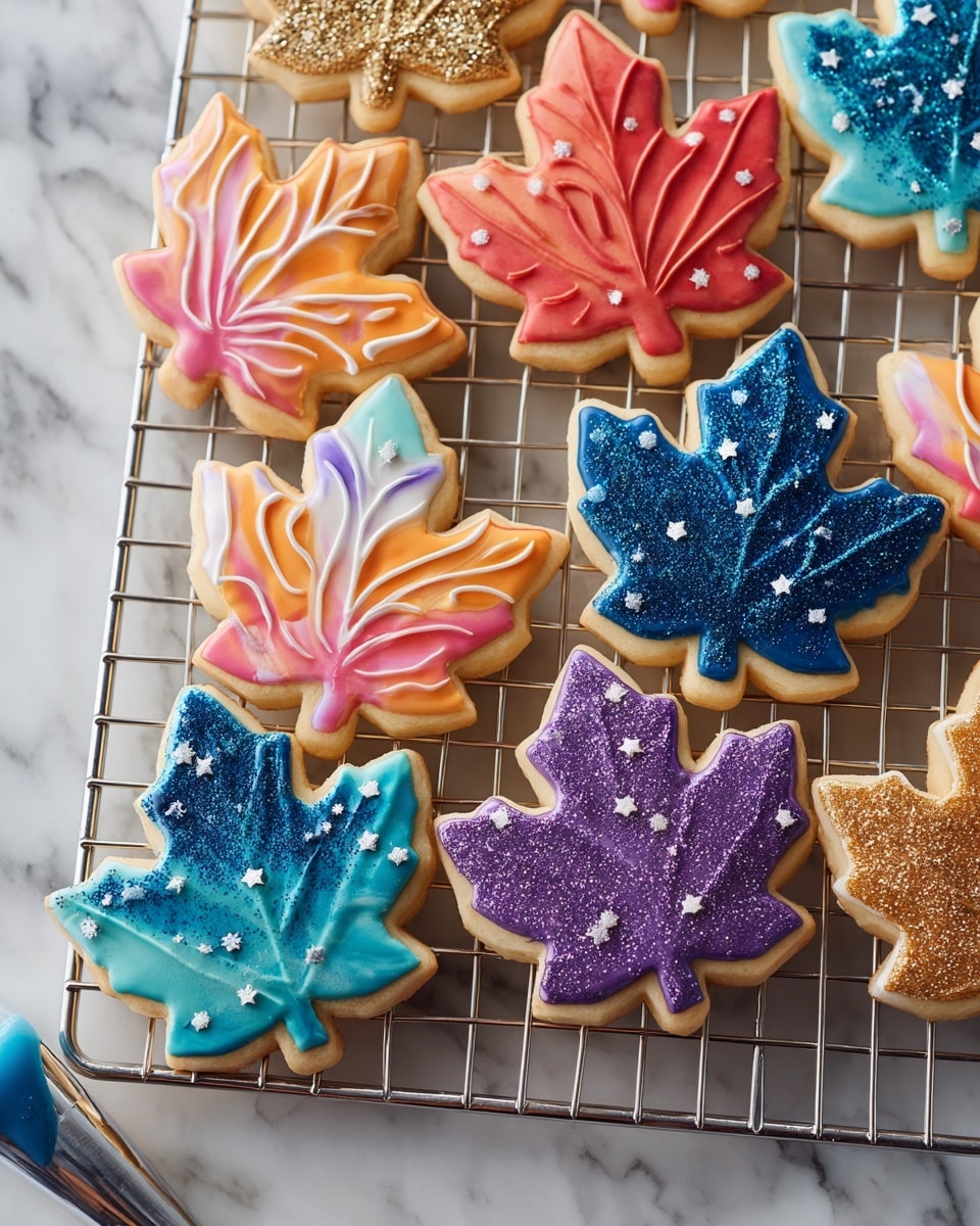 The image shows multiple decorated sugar cookies placed on a metal cooling rack set over a white marbled surface. There are two main cookie shapes: maple leaves and stars. The maple leaf cookies have a plain pale golden base with three different icing decorations: one with pink and orange curvy lines, one with blue and turquoise curvy lines, and one with purple and light pink curvy lines, all topped with small white star-shaped sprinkles. The star-shaped cookies come in three styles: solid blue, solid red, or covered completely with sparkling gold sugar crystals. There is a small part of a blue icing bag and a woman’s hand holding it at the bottom left corner. Photo taken with an iphone --ar 4:5 --v 7