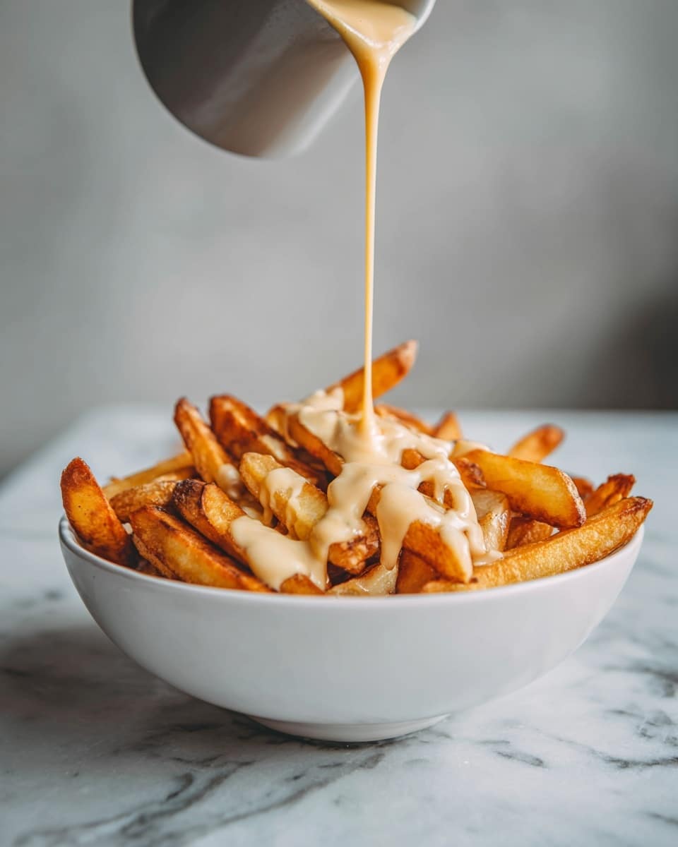 A white dish filled with a single thick layer of golden-brown fries with crisp edges and soft centers, showing some variation in color from light to darker golden hues. A creamy light beige sauce with a smooth texture is being poured from a gray container over the fries, creating uneven drizzles that cover parts of the top layer. The dish sits on a white marbled surface, and the background is softly blurred gray. photo taken with an iphone --ar 4:5 --v 7